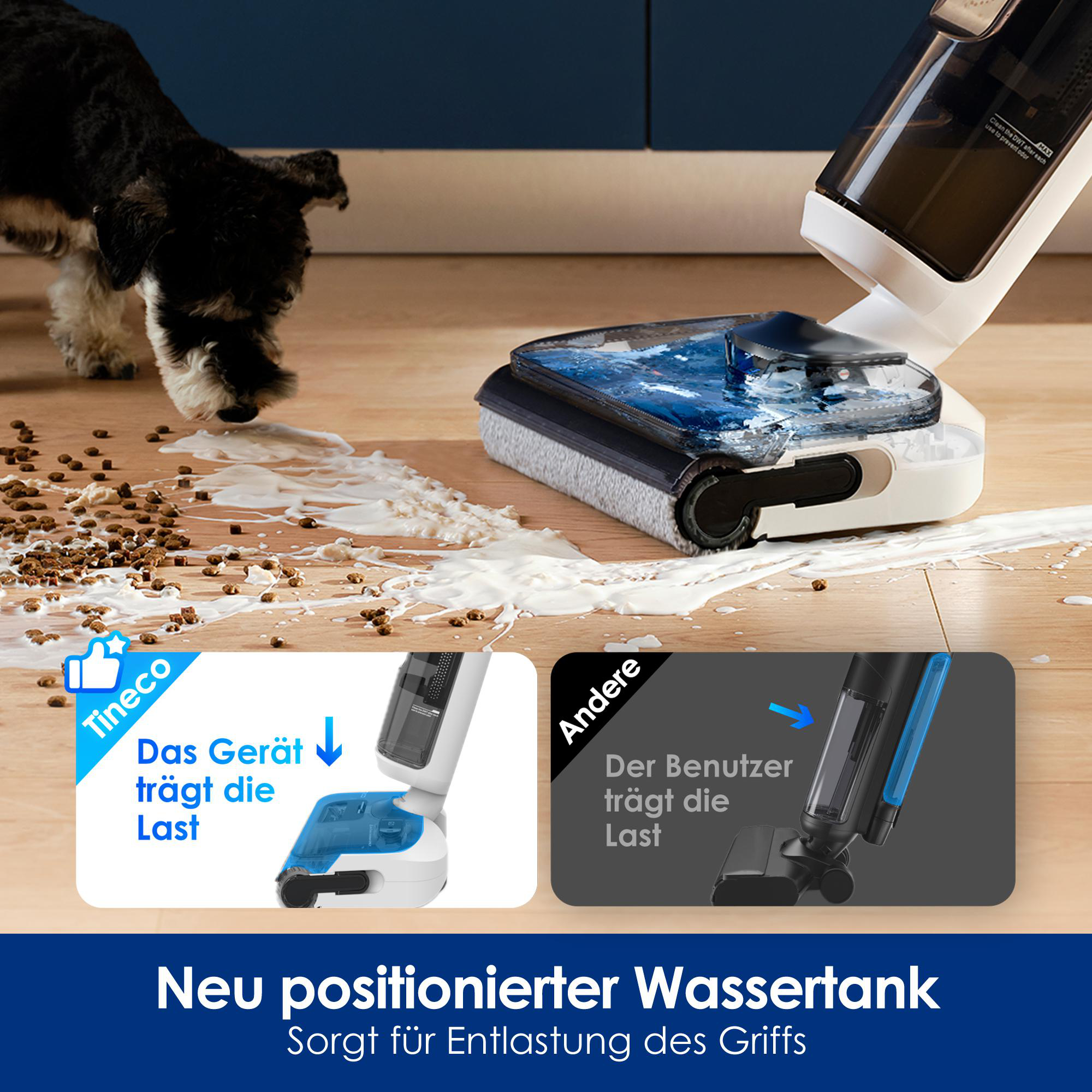 Staubsauger mit Hund und verschütteter Flüssigkeit auf Holzboden.