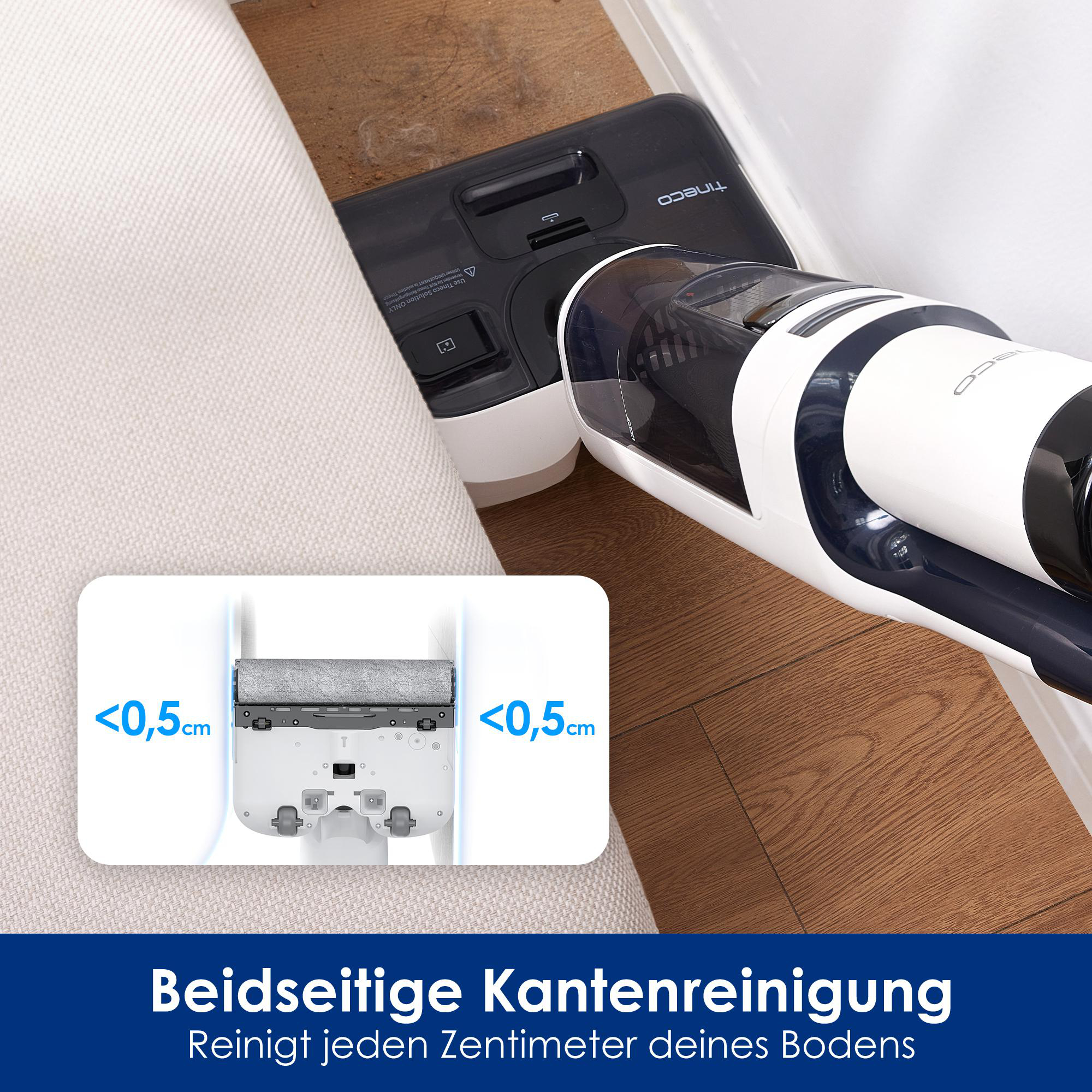 Roboter-Staubsauger reinigt einen Holzboden mit Text, der die Kantenreinigung anzeigt.