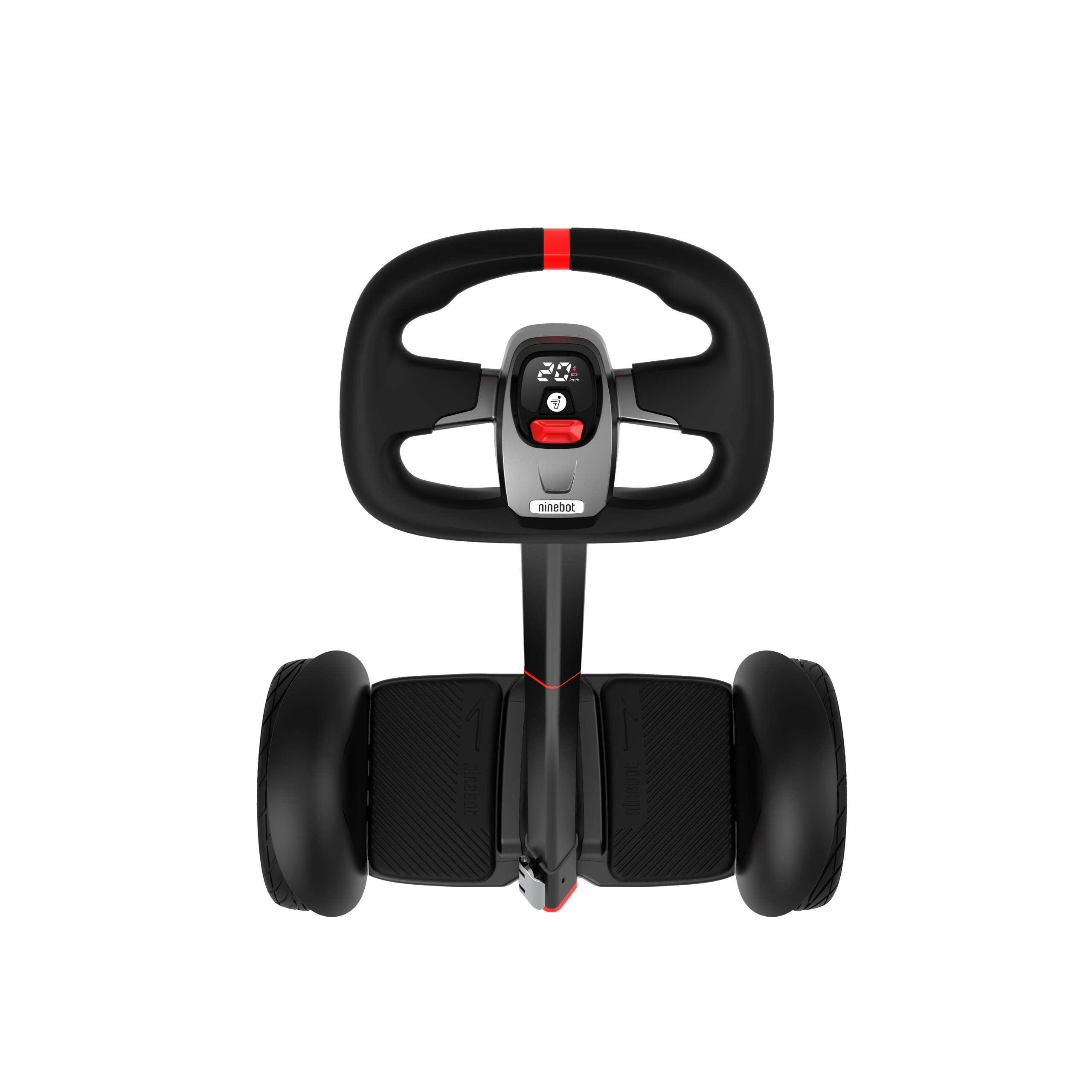 Siyah ve kırmızı Segway. Direksiyon, ayaklıklar ve iki tekerleği var. Siyah arka plan.