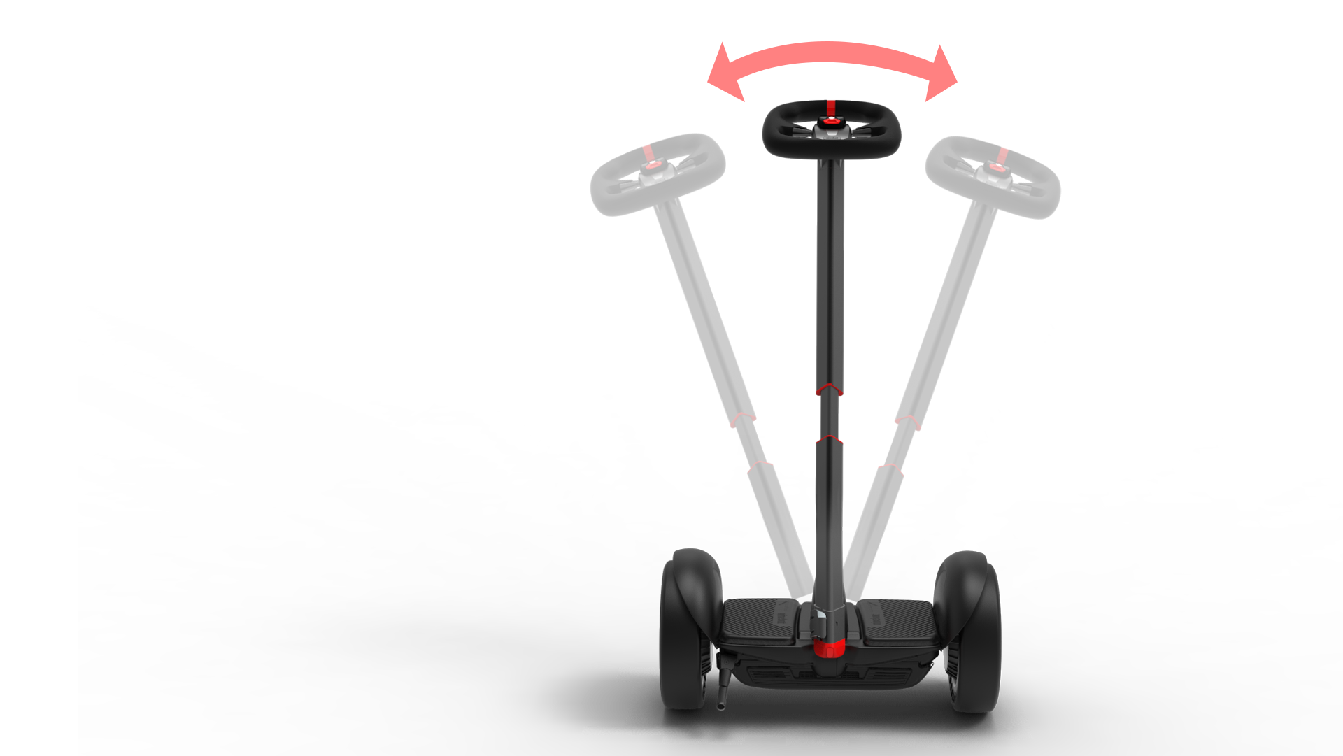 Ayarlanabilir gidonlu kendi kendine dengelenen scooter, üç pozisyon kırmızı oklarla gösteriliyor.
