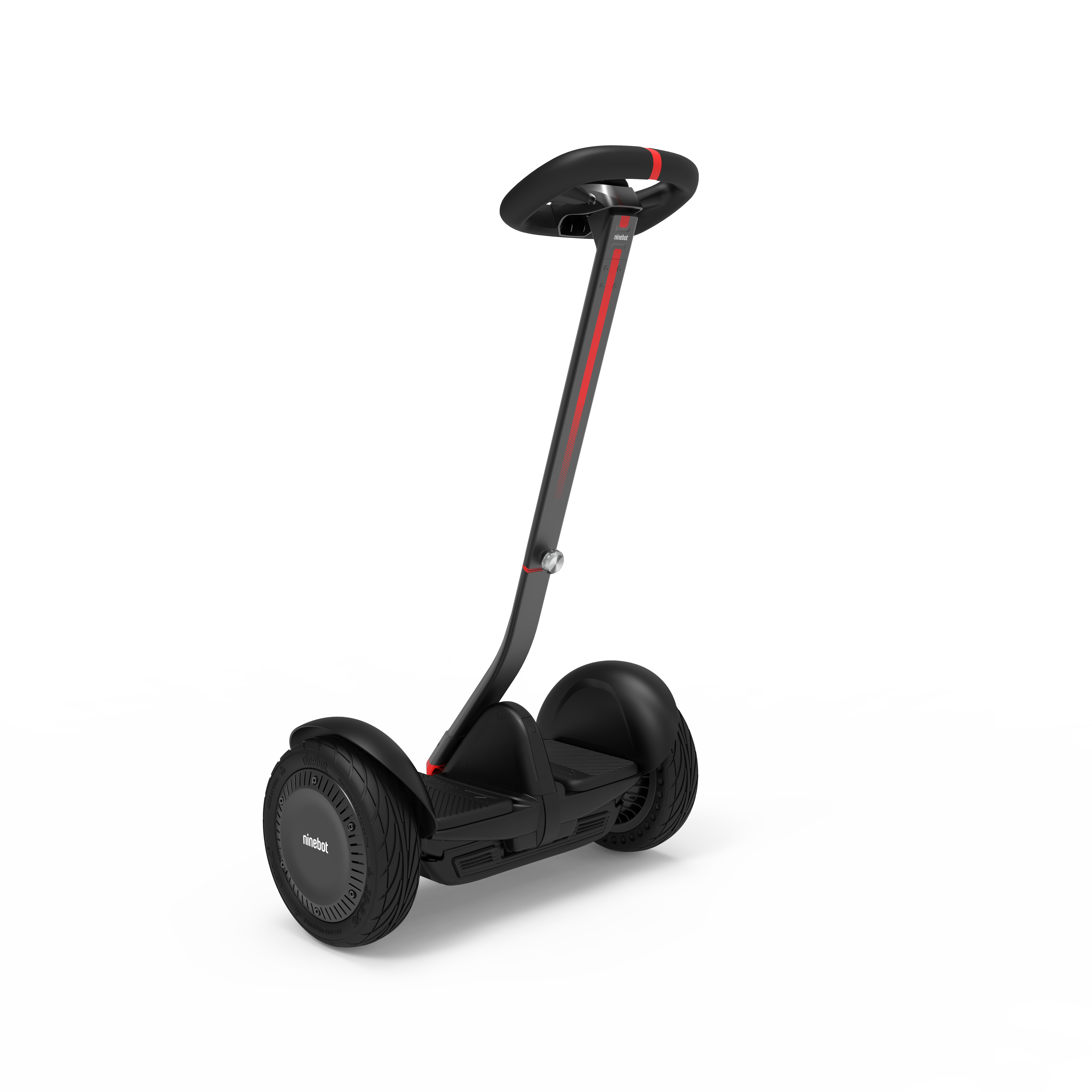 Siyah ve kırmızı bir Ninebot elektrikli scooter, gidon ve iki tekerlek ile.