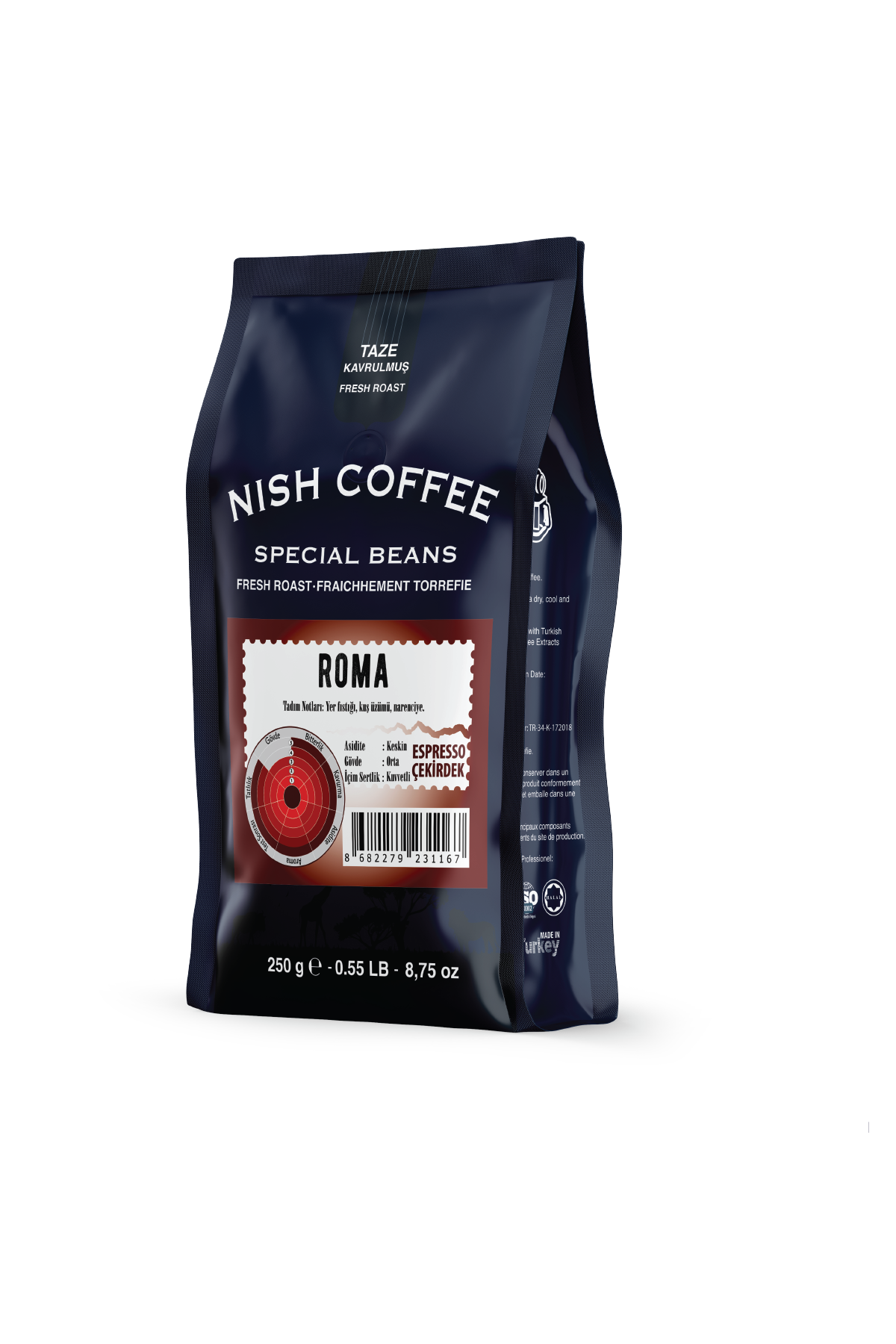 Kırmızı ve beyaz etiketli kahve poşeti. 'NISH COFFEE SPECIAL BEANS ROMA' yazıyor.