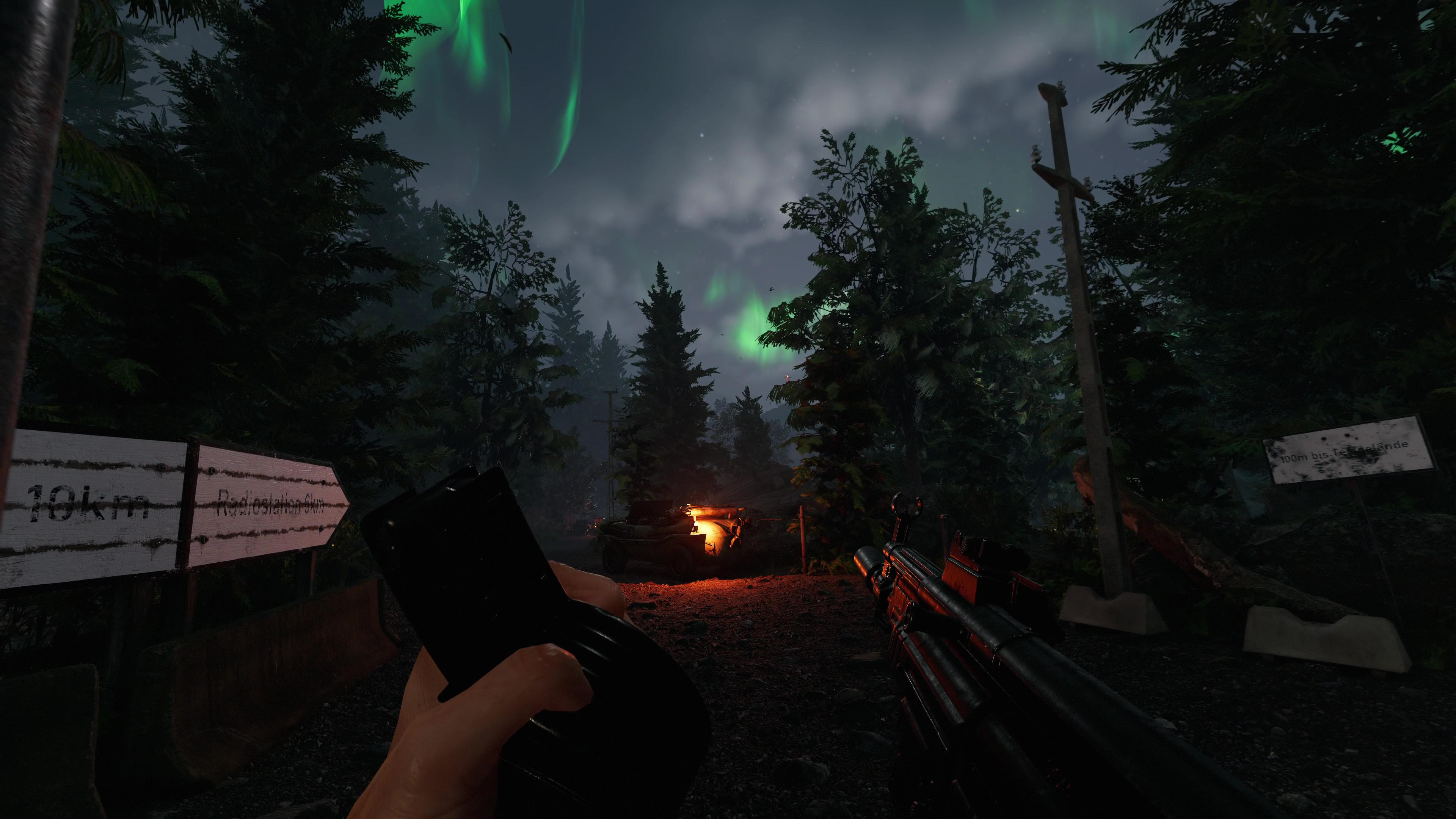 Eine Hand, die eine Waffe hält und in einen Wald blickt. Der Nachthimmel hat eine grüne Aurora.