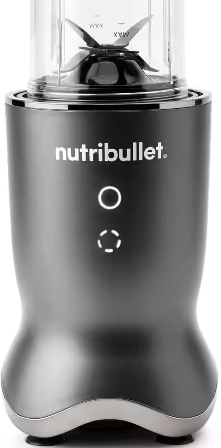 Un frullatore Nutribullet argentato con un contenitore trasparente sopra. La base ha due pulsanti.