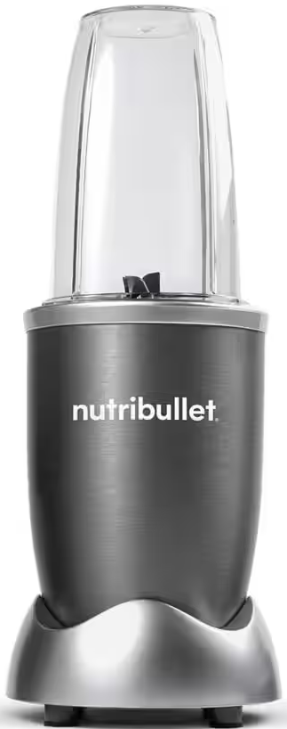 Un frullatore Nutribullet nero e argento su sfondo bianco.