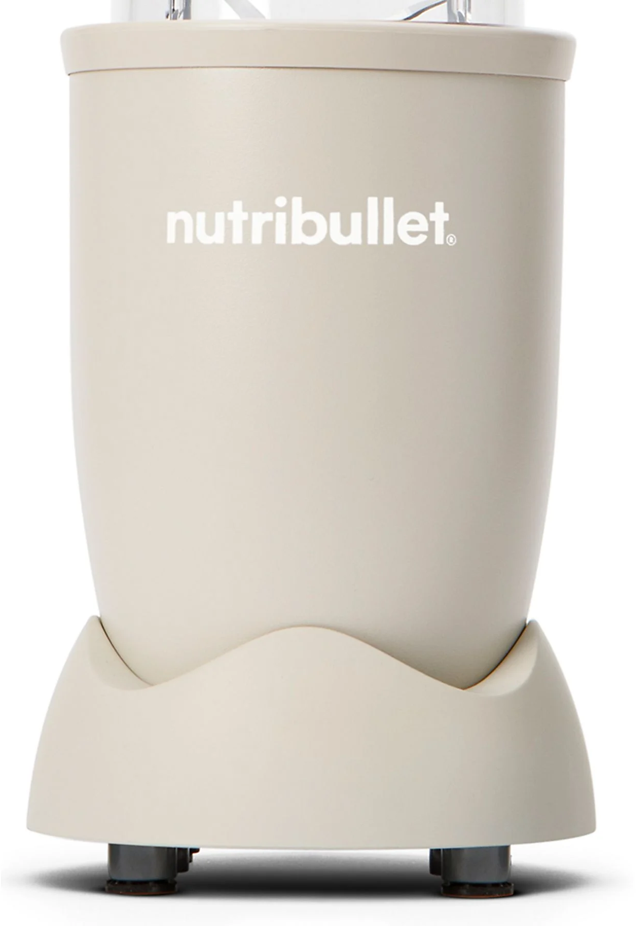 Un blender Nutribullet beige, avec un logo blanc, sur fond blanc.