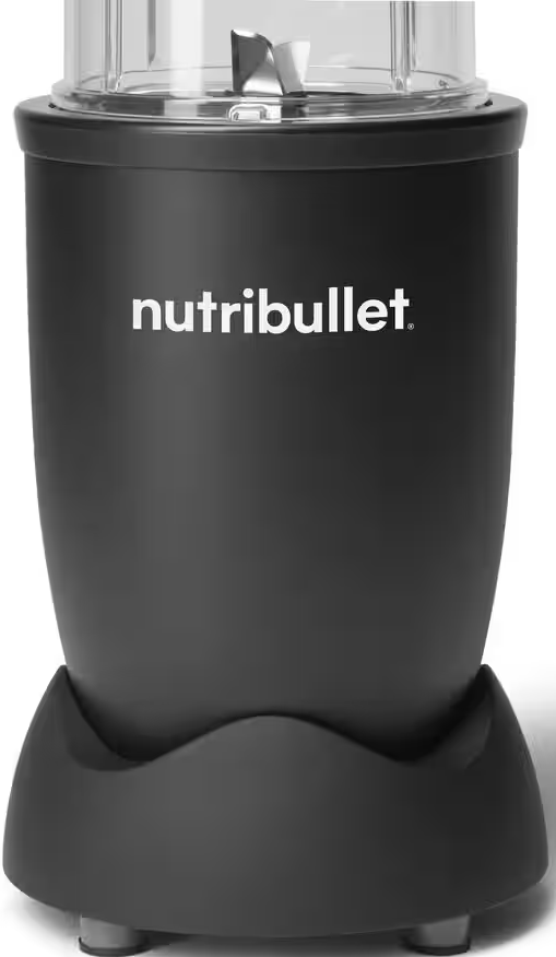 Un mixeur Nutribullet noir avec le nom de la marque sur le devant.