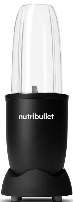 Blender Nutribullet noir sur fond blanc. Récipient transparent sur le dessus.