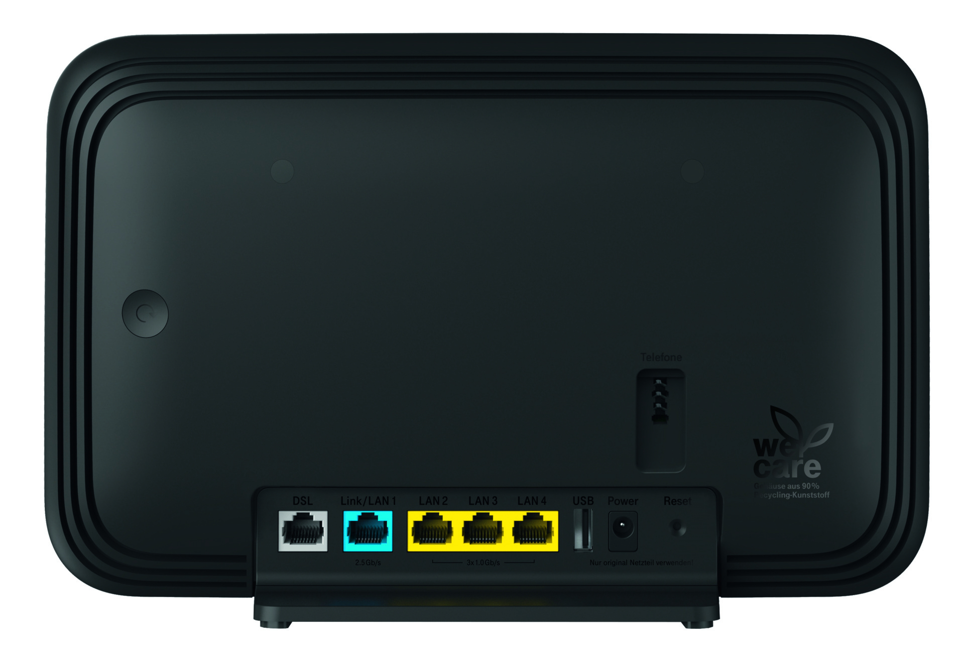 Die Rückseite eines schwarzen Internet-Routers mit verschiedenen Anschlüssen, Netzschalter und dem We-Care-Logo.