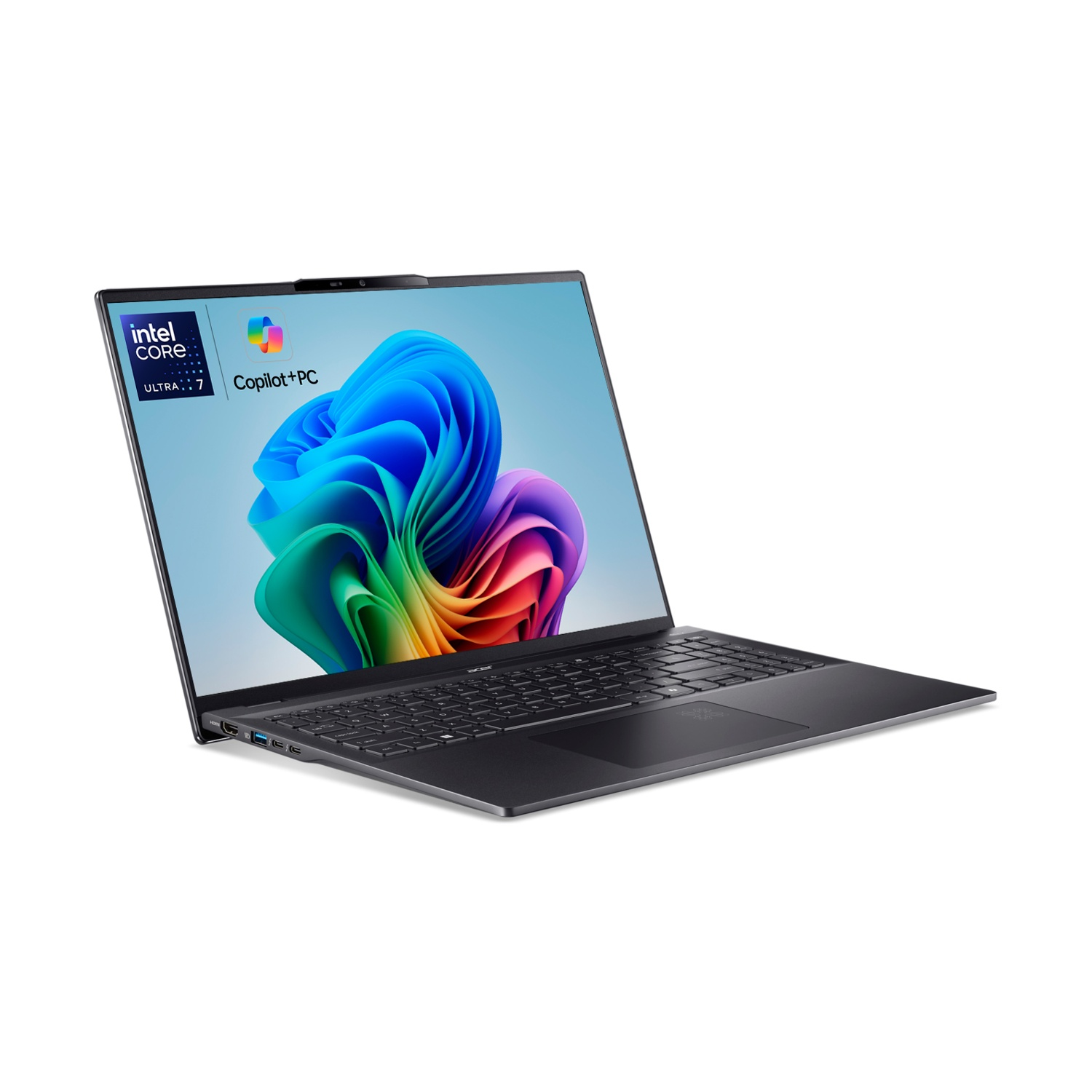 Un laptop che mostra un'immagine astratta colorata, con i loghi Intel e Copilot+ PC.