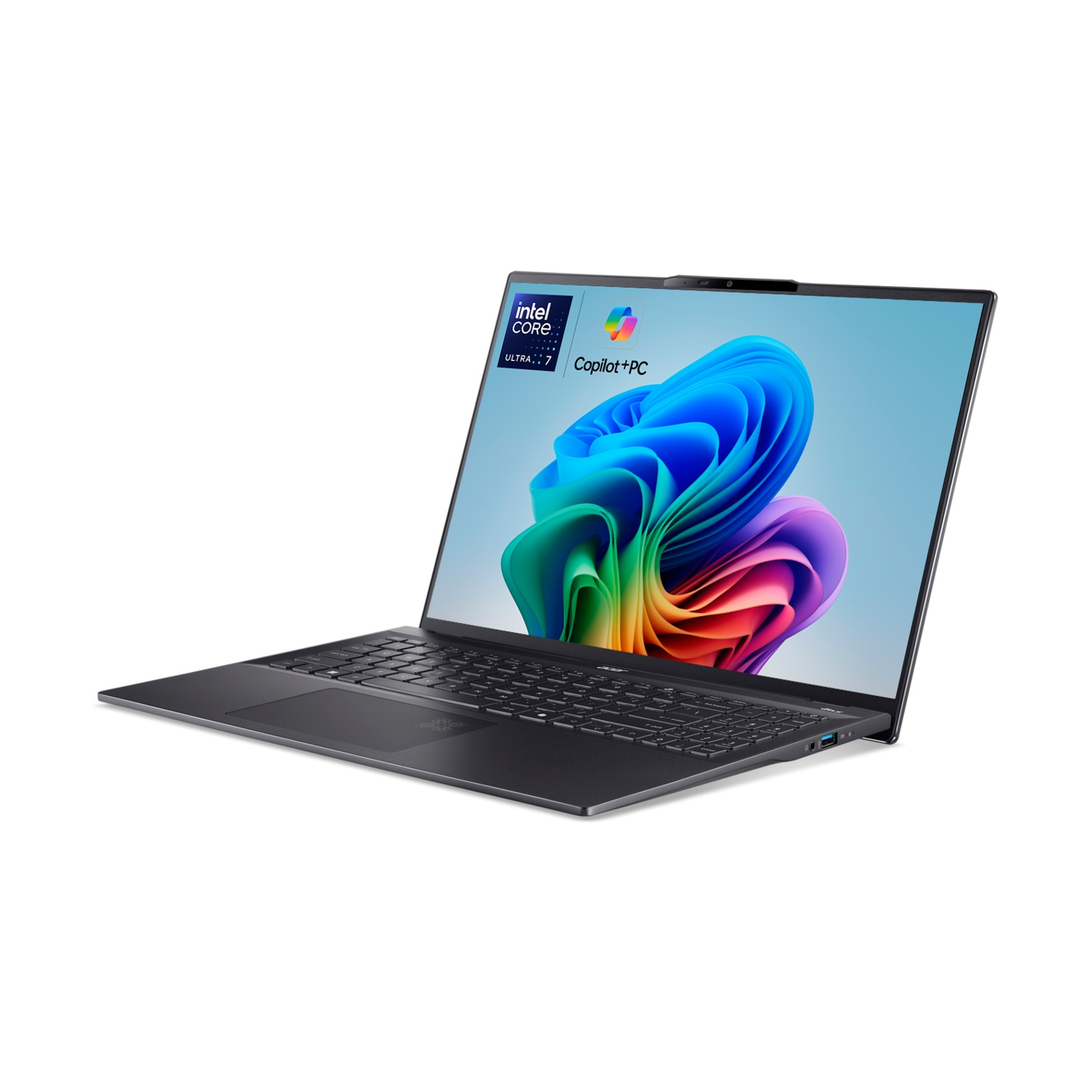 Un laptop nero con schermo aperto, che mostra un'interfaccia moderna.