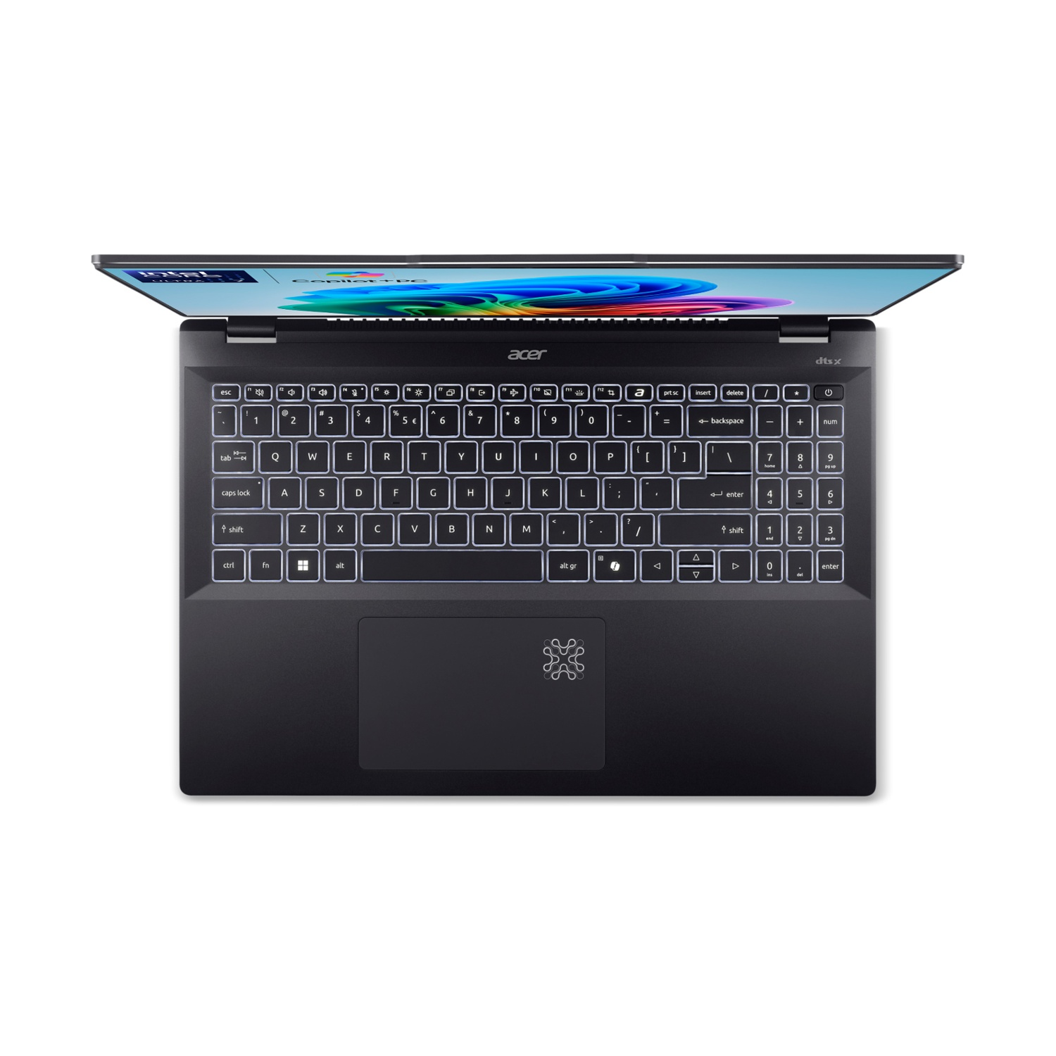 Laptop Acer, vista dall'alto, nero con coperchio aperto. Tastiera illuminata, con trackpad e logo Acer.