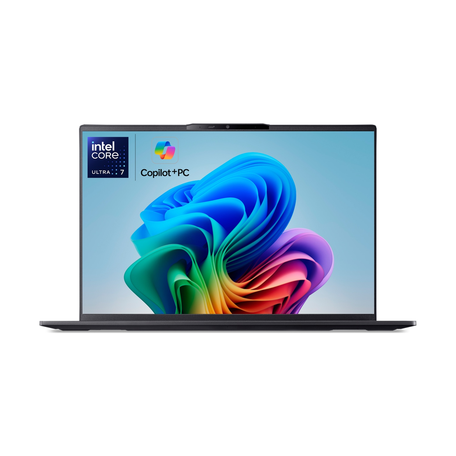 Un laptop con un logo e uno schermo con un'immagine astratta colorata.