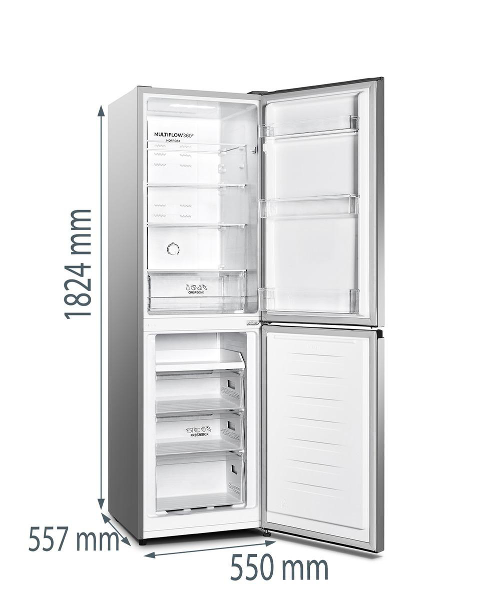 Kühlschrank, offen, mit Abmessungen. Silbernes Äußeres, weißes Inneres mit Regalen.