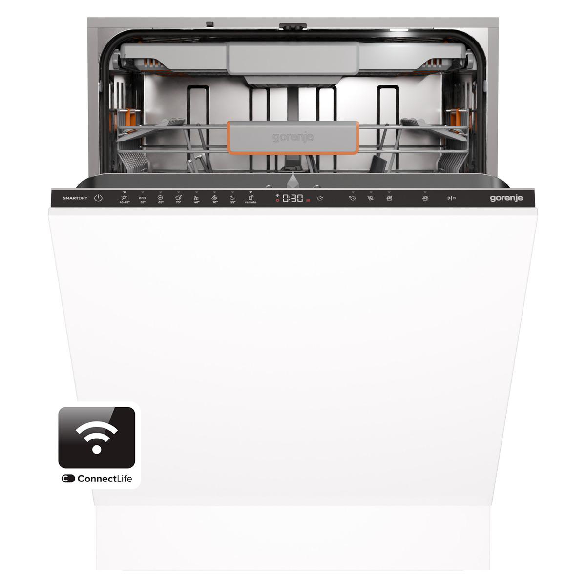 Weißer Gorenje Geschirrspüler mit Bedienfeld, teilweise geöffnet.