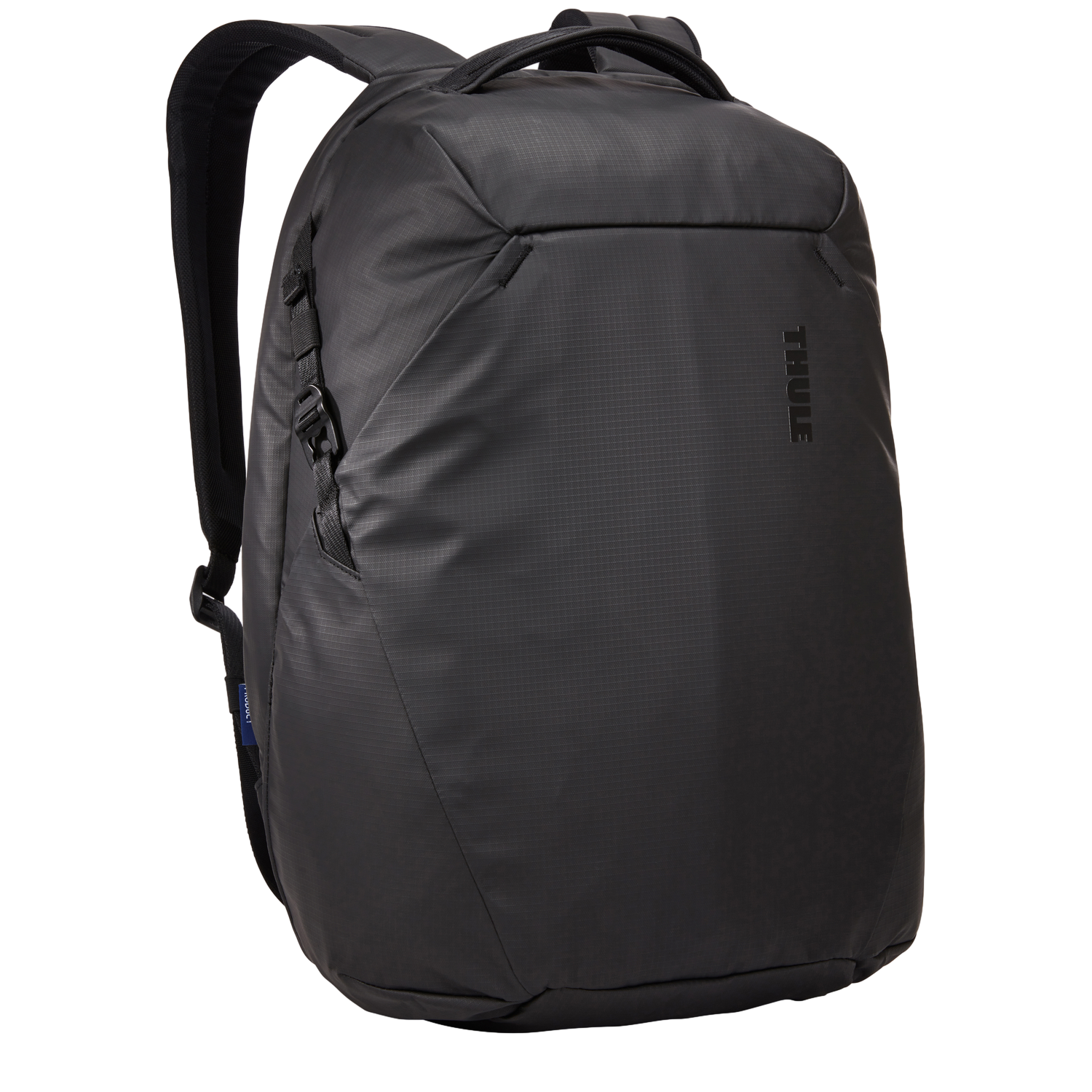 Sac à dos noir avec logo Thule. Il possède un compartiment principal et une poche avant.