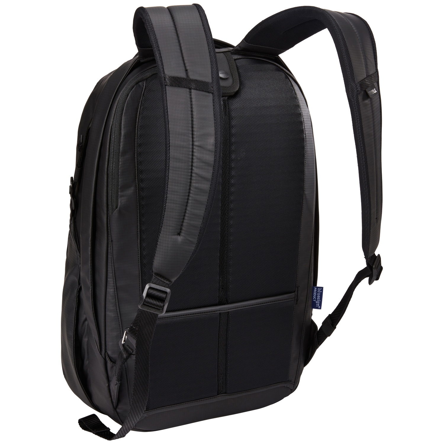 Sac à dos noir, avec une vue arrière. Montrant les bretelles et le panneau arrière.