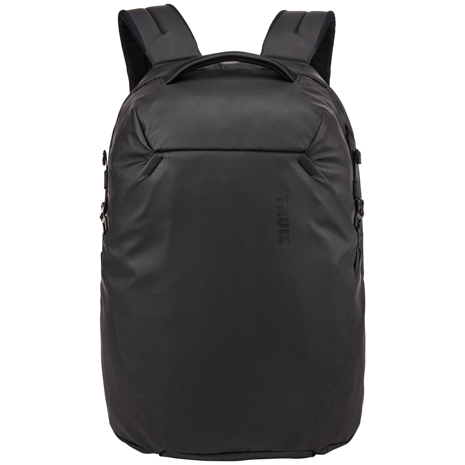 Sac à dos noir, vue rapprochée. Il a une poignée supérieure, deux bretelles et un logo Thule.