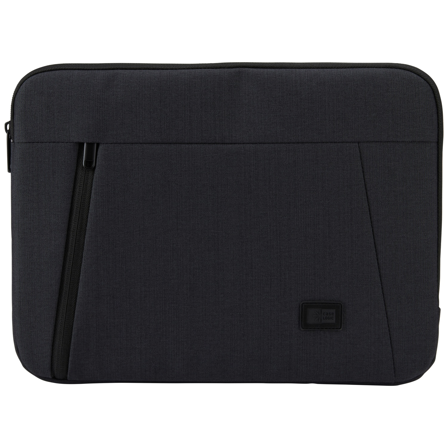A black laptop sleeve with a zippered pocket and a small brand logo.