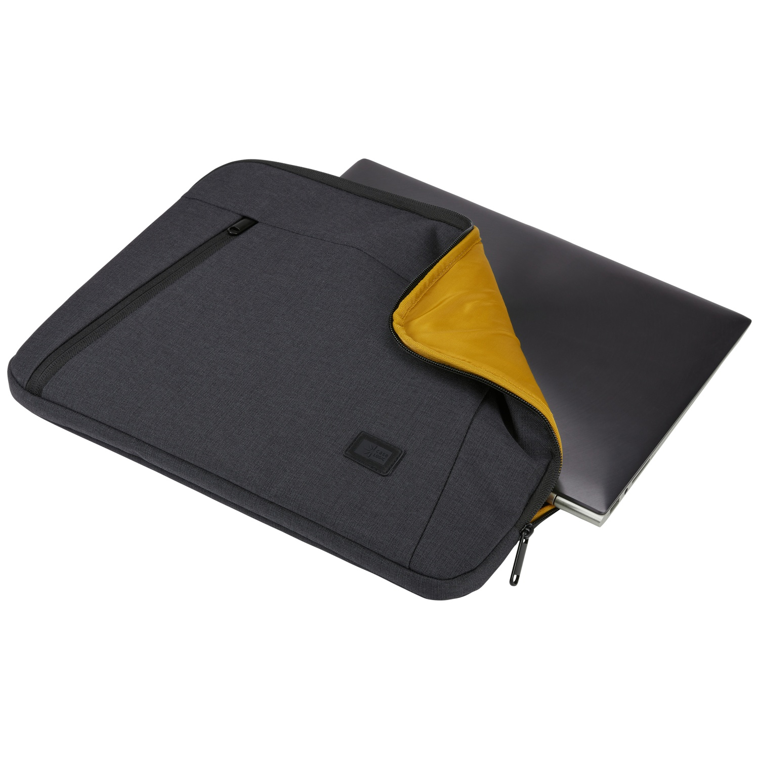 Dark laptop in a dark grey case with a yellow interior, on a white background.