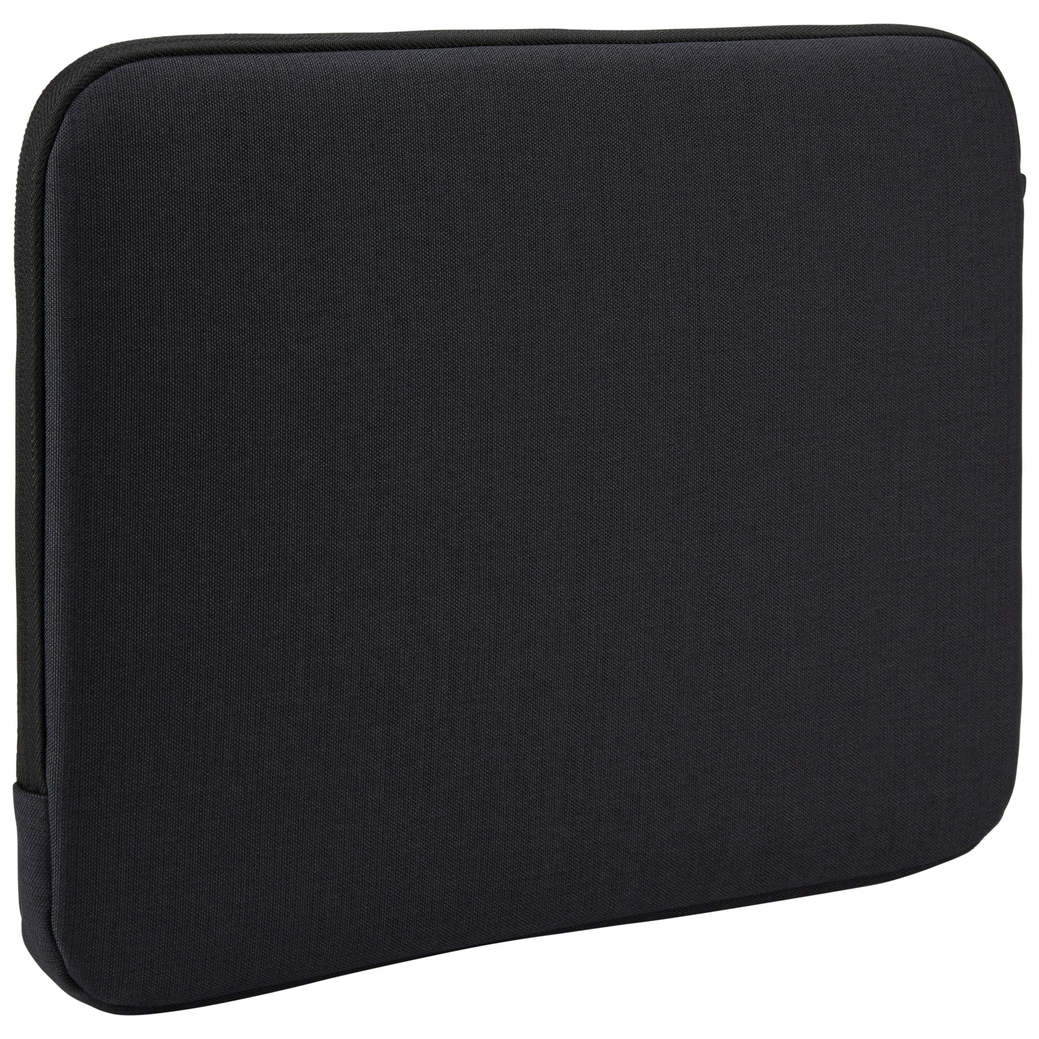 Black laptop sleeve with a zipper. The sleeve is closed and rectangular.