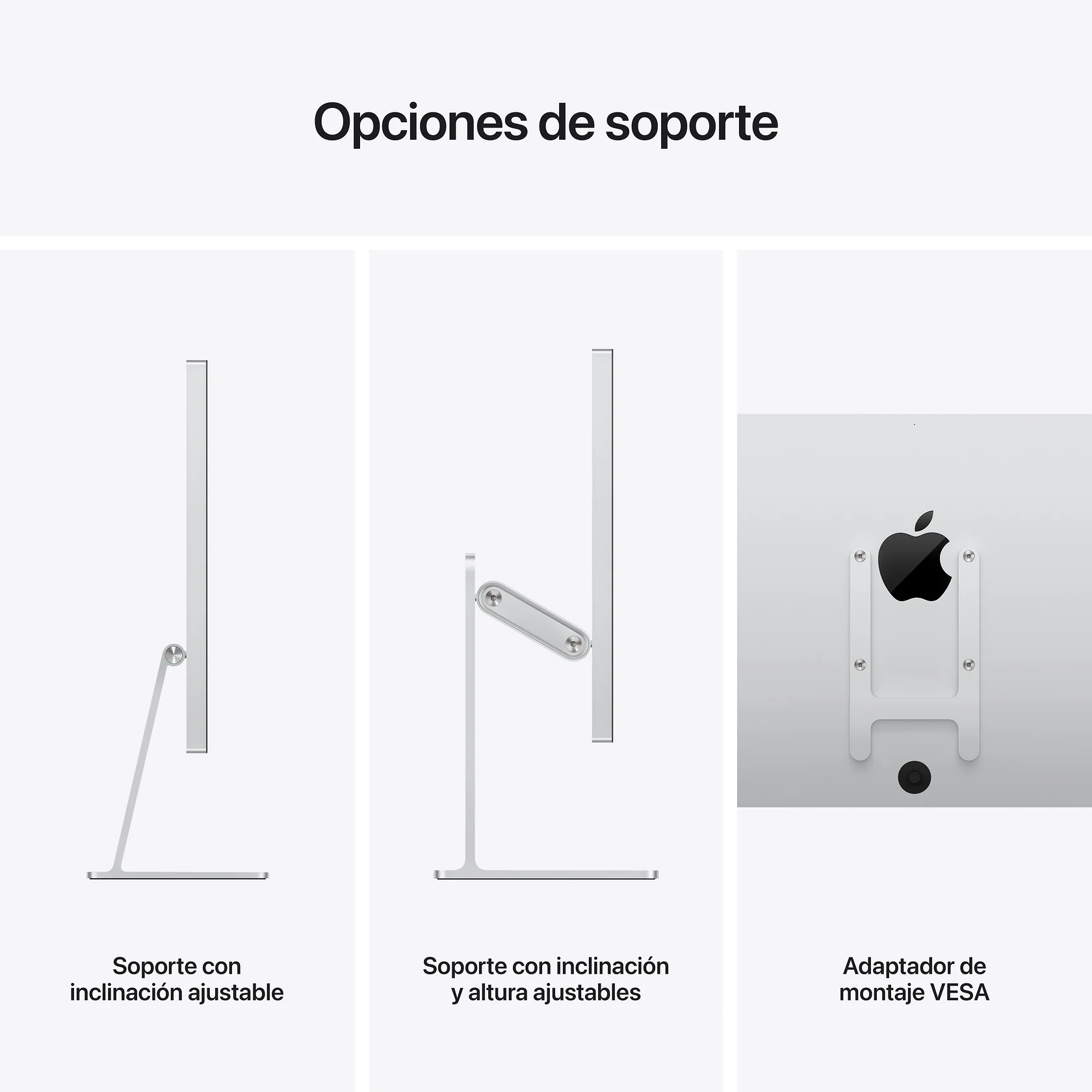 Tres soportes diferentes para un monitor: inclinación ajustable, altura y montaje VESA.