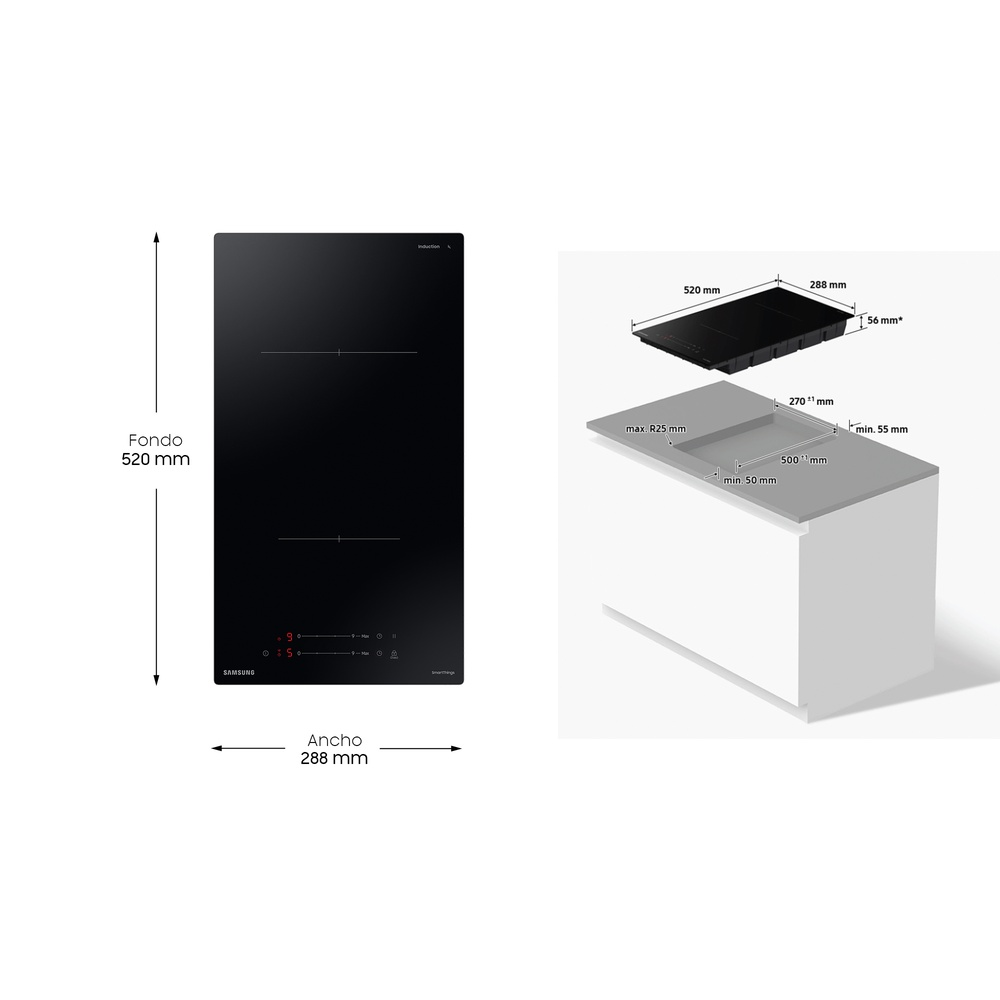 Una placa de inducción Samsung negra con dimensiones y un diagrama esquemático para la instalación.