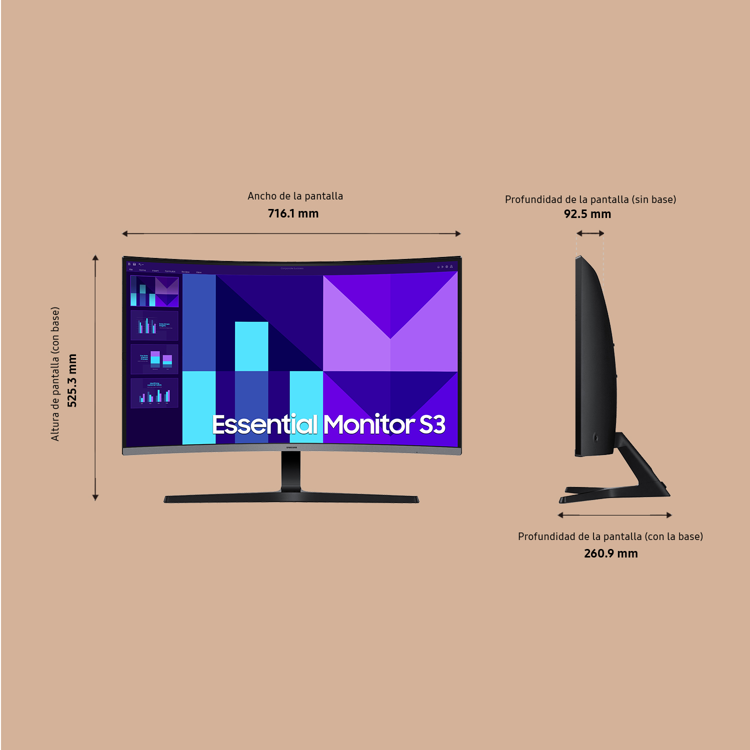 Monitor curvo con dimensiones, la pantalla muestra gráficos y el texto "Essential Monitor S3".