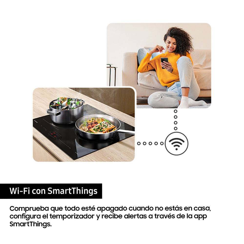 Mujer usa un teléfono cerca de una estufa con comida.