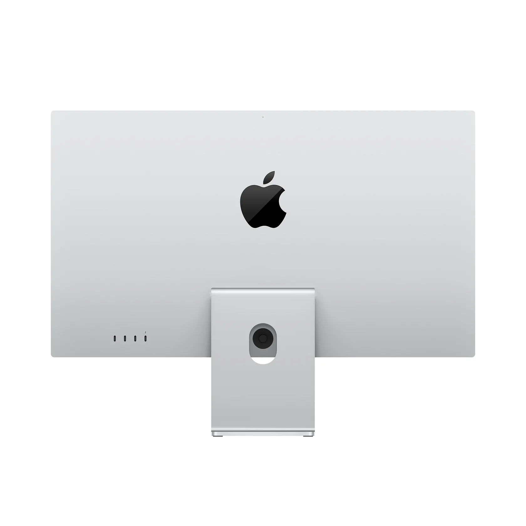 Parte trasera del Apple Studio Display, blanco, logotipo de Apple, soporte plateado.