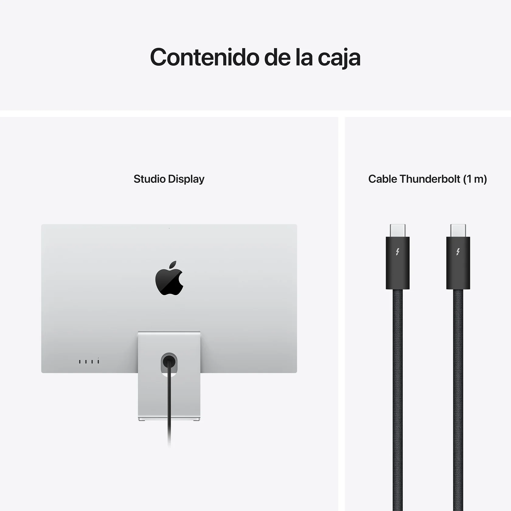 Un monitor con un cable y un cable, sobre fondo blanco. El monitor tiene un logo de Apple.