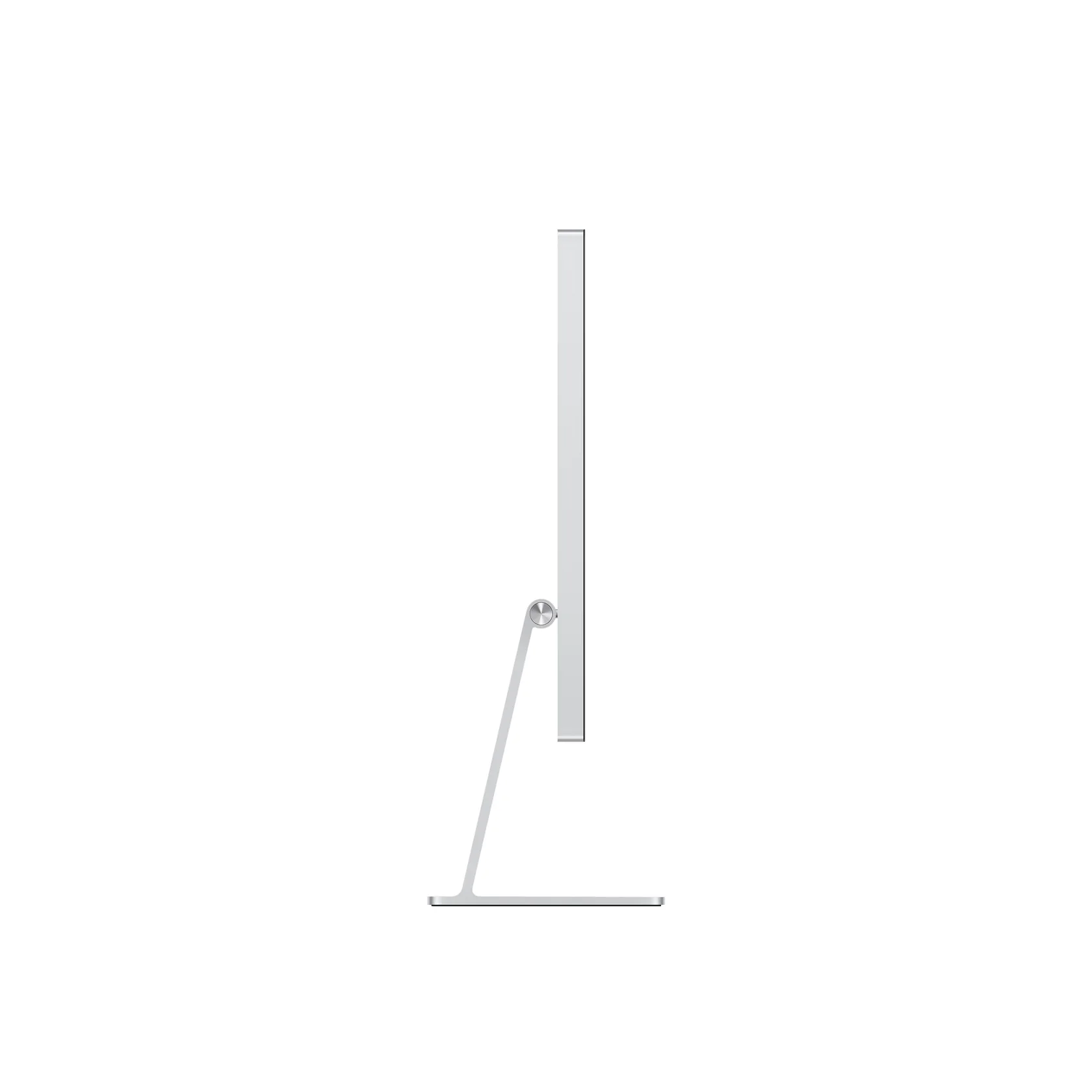 Vista lateral de un monitor Apple plateado. Tiene una pantalla delgada y un soporte plateado.