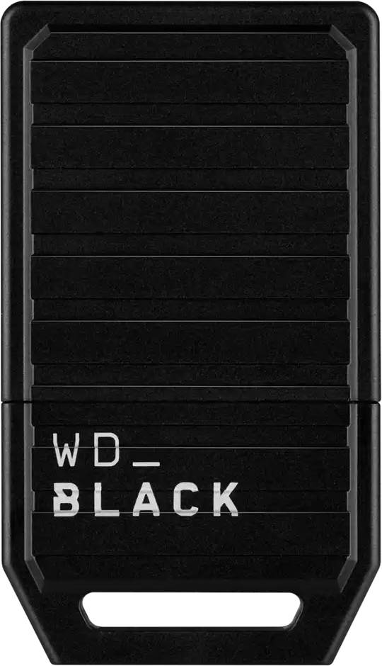 Schwarze externe Festplatte WD_BLACK, rechteckig mit Rillen.