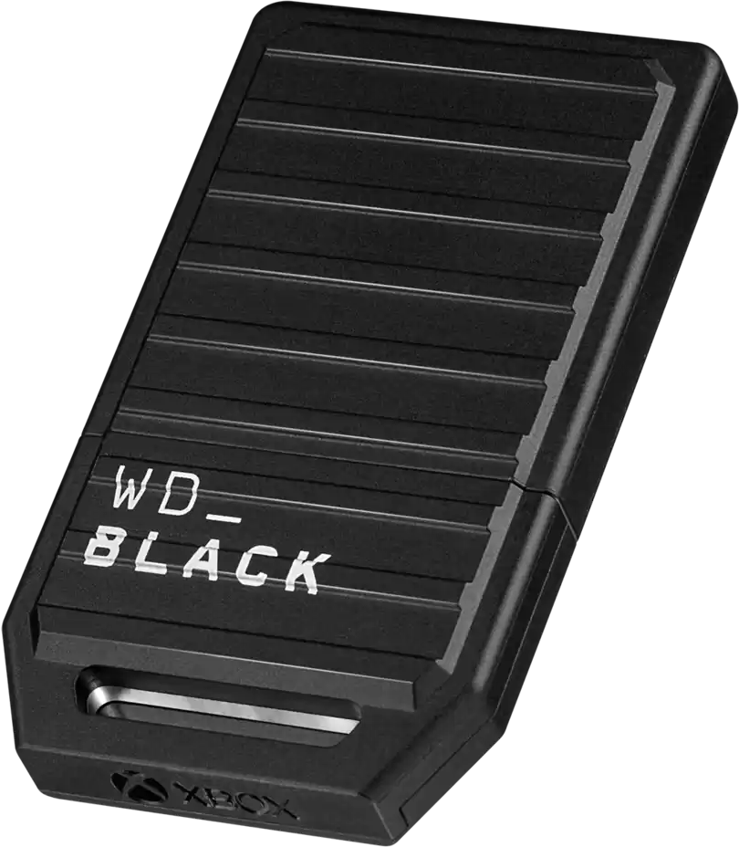Eine schwarze WD_BLACK externe Festplatte. Sie hat eine strukturierte Oberfläche und das Xbox-Logo.