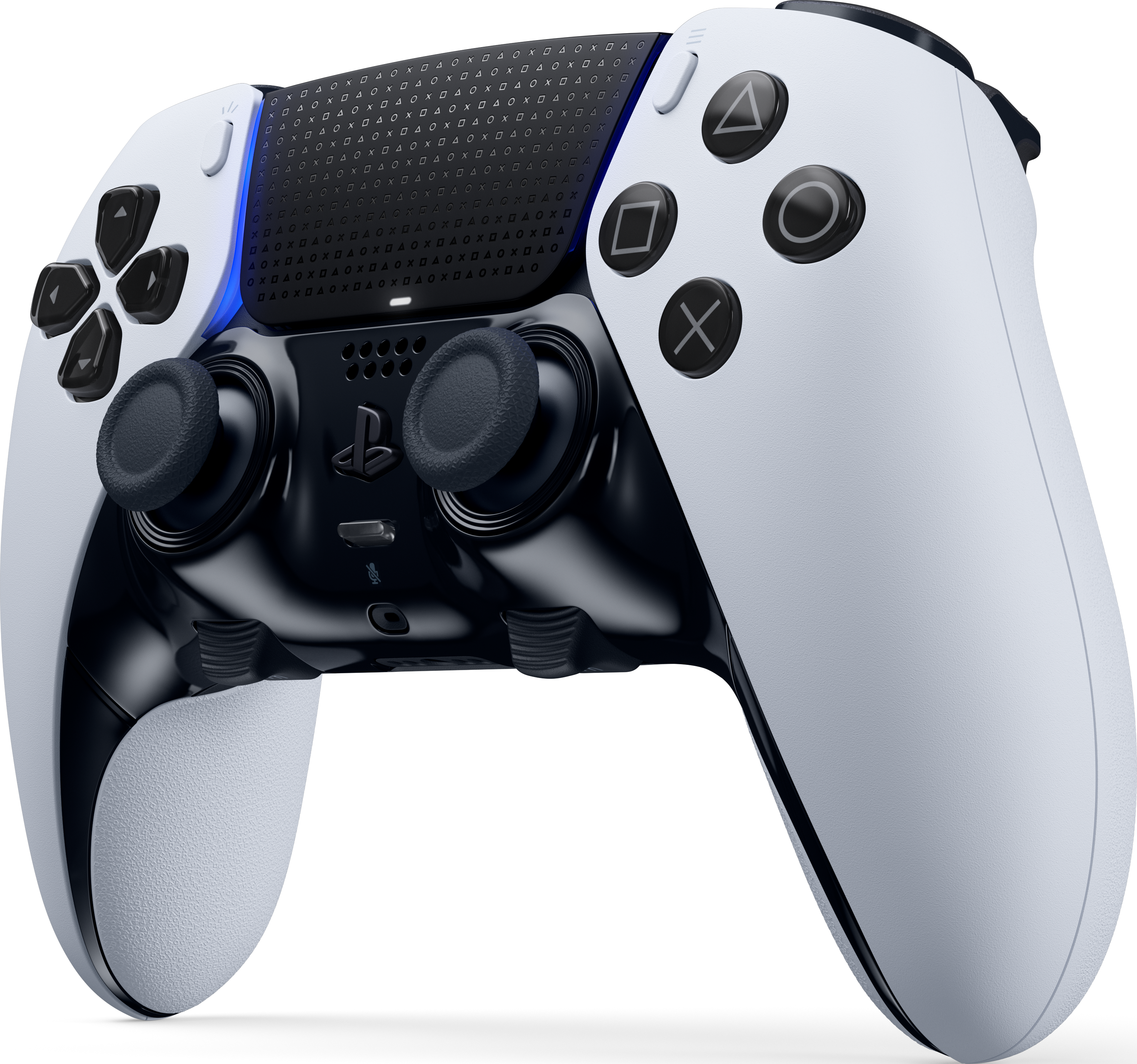 Ein weiß-schwarzer PlayStation-Controller mit PlayStation-Tasten. Der Controller liegt vor einem schwarzen Hintergrund.