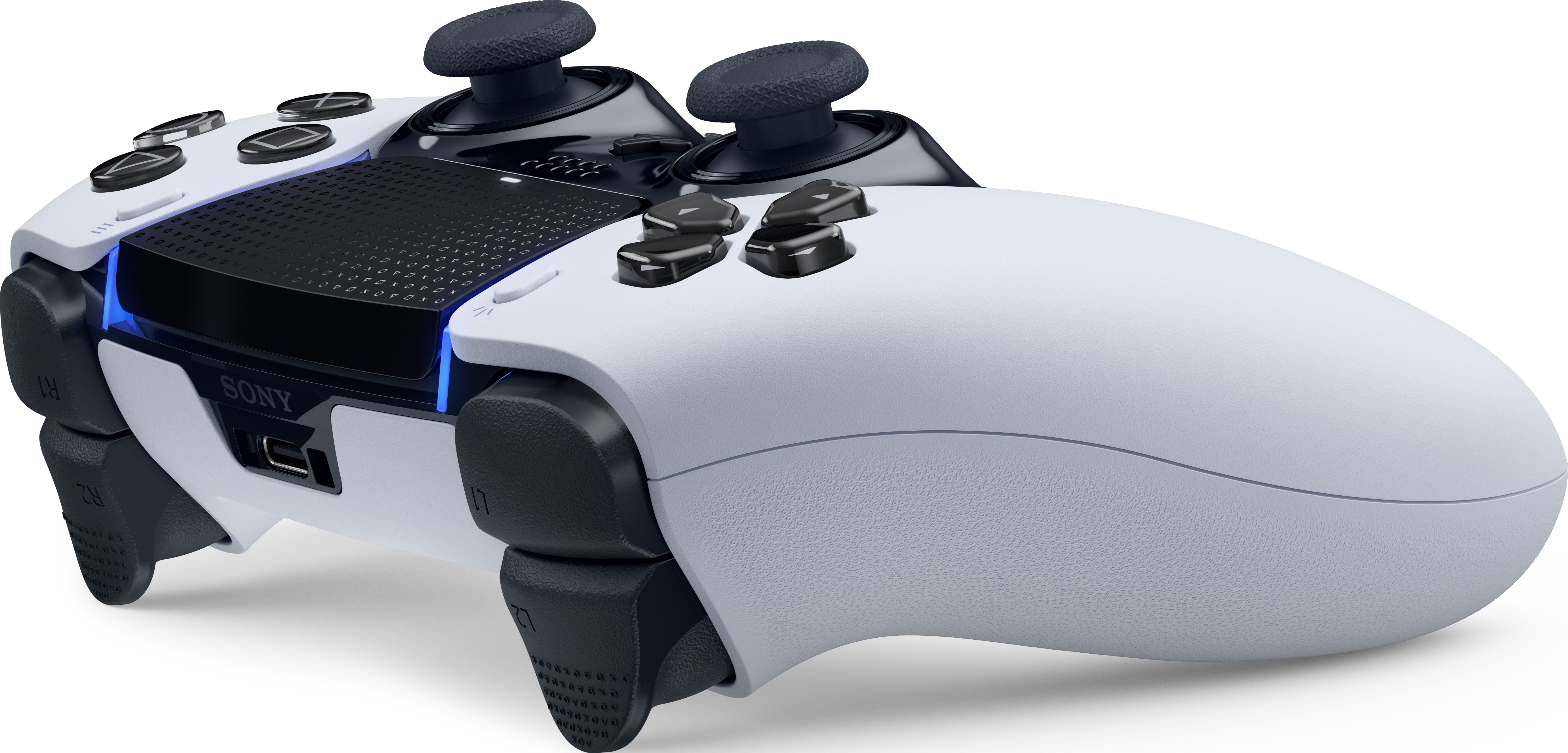 Weißer PlayStation-Controller mit schwarzen Joysticks. Blaues Licht, Seitenansicht.