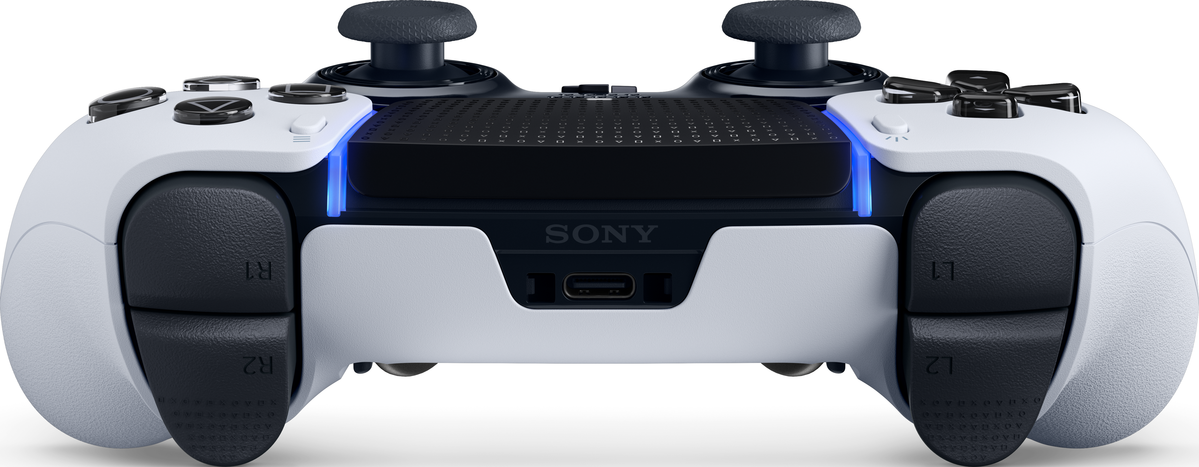 Weiß-schwarzer Gamecontroller. Er hat ein Touchpad und einen USB-C-Anschluss. Blaue Lichter an den Seiten.