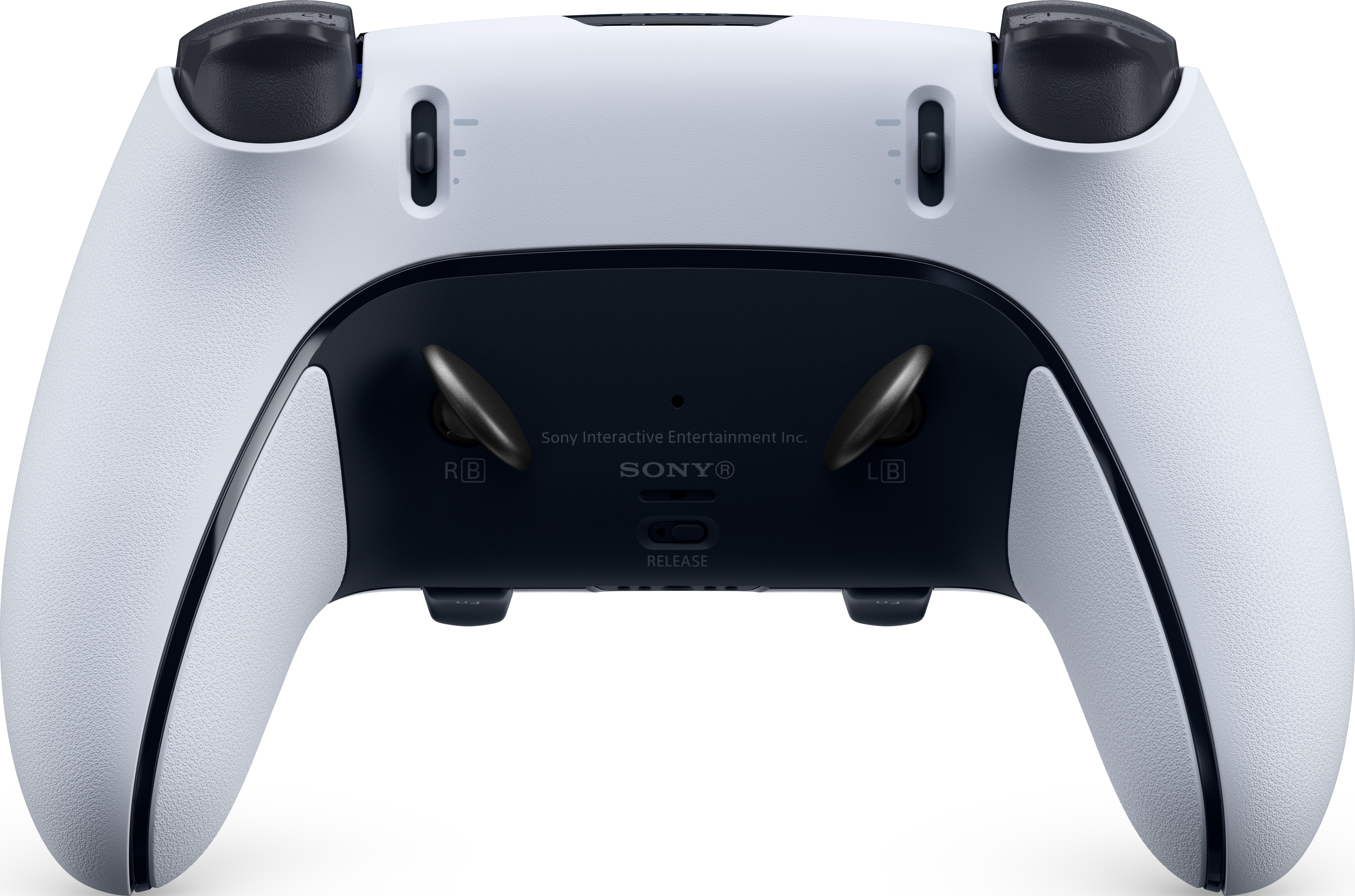 Rückansicht eines weißen und schwarzen PlayStation-Controllers.