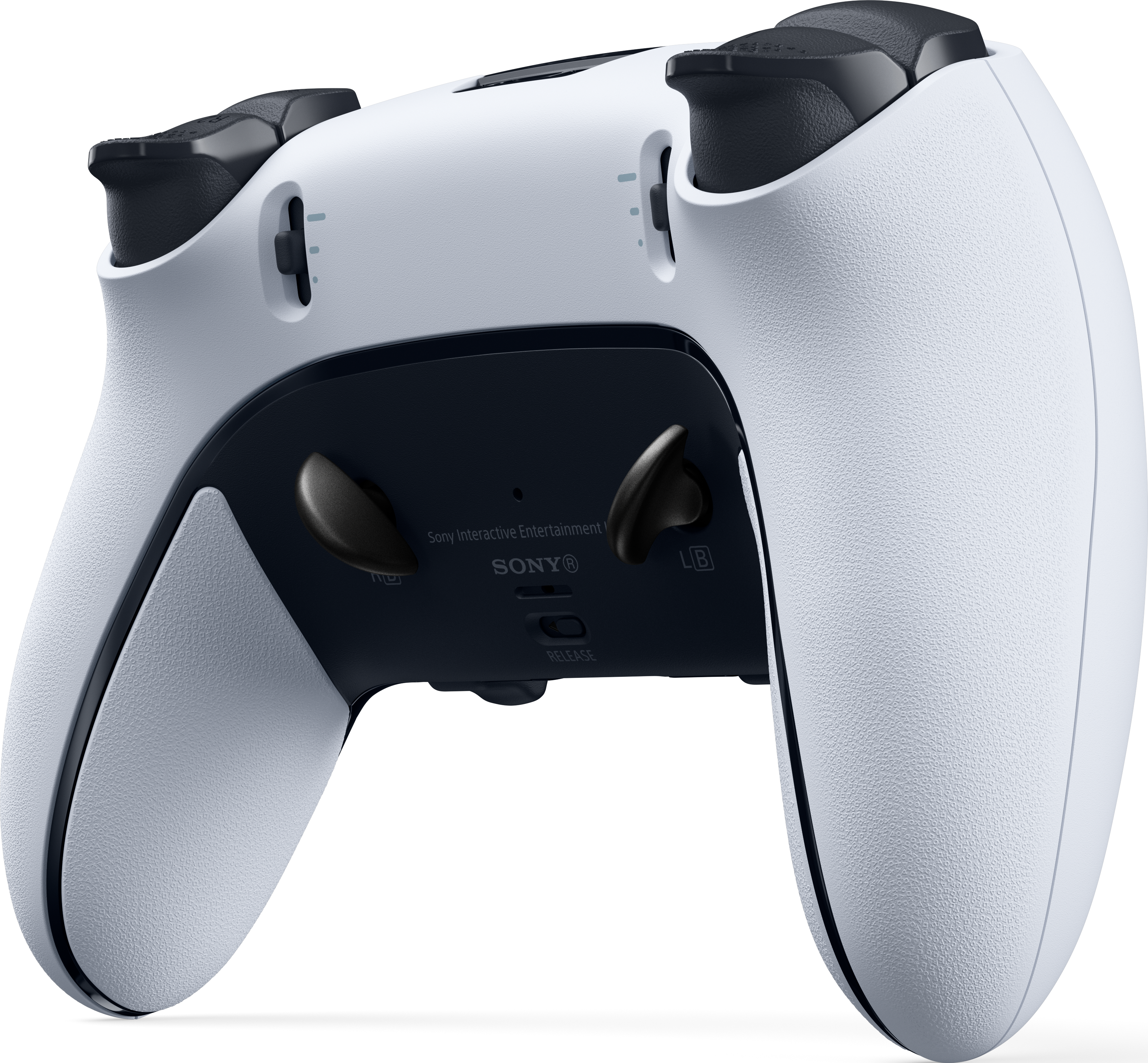 Weiß-schwarzer Playstation-Controller, Rückseite zur Kamera.