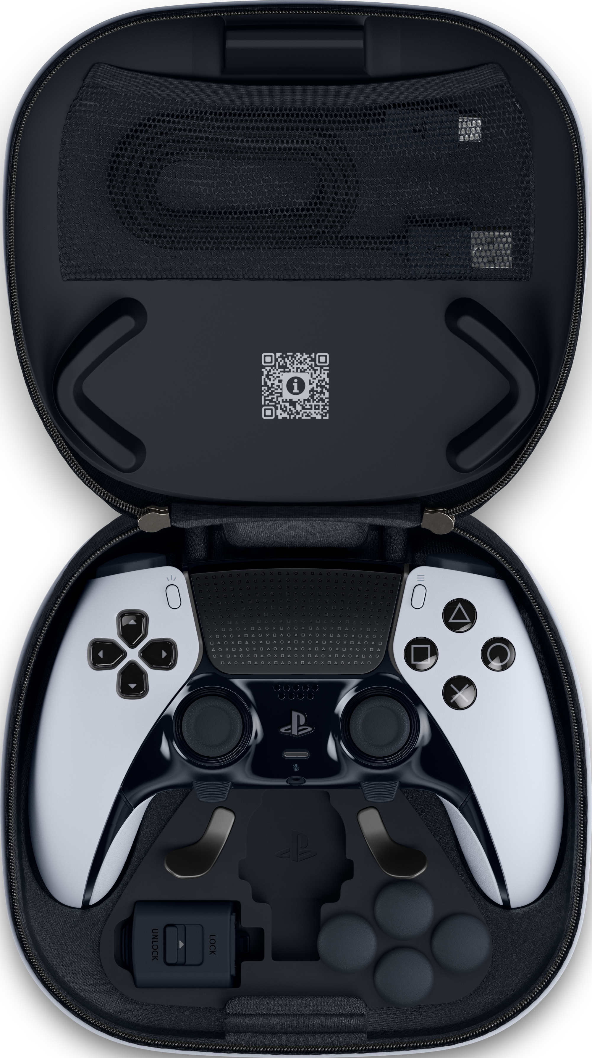 Geöffnete schwarze Hülle mit weißem und schwarzem Controller. Controller hat Knöpfe und Joysticks. Hülle auf schwarzer Oberfläche.