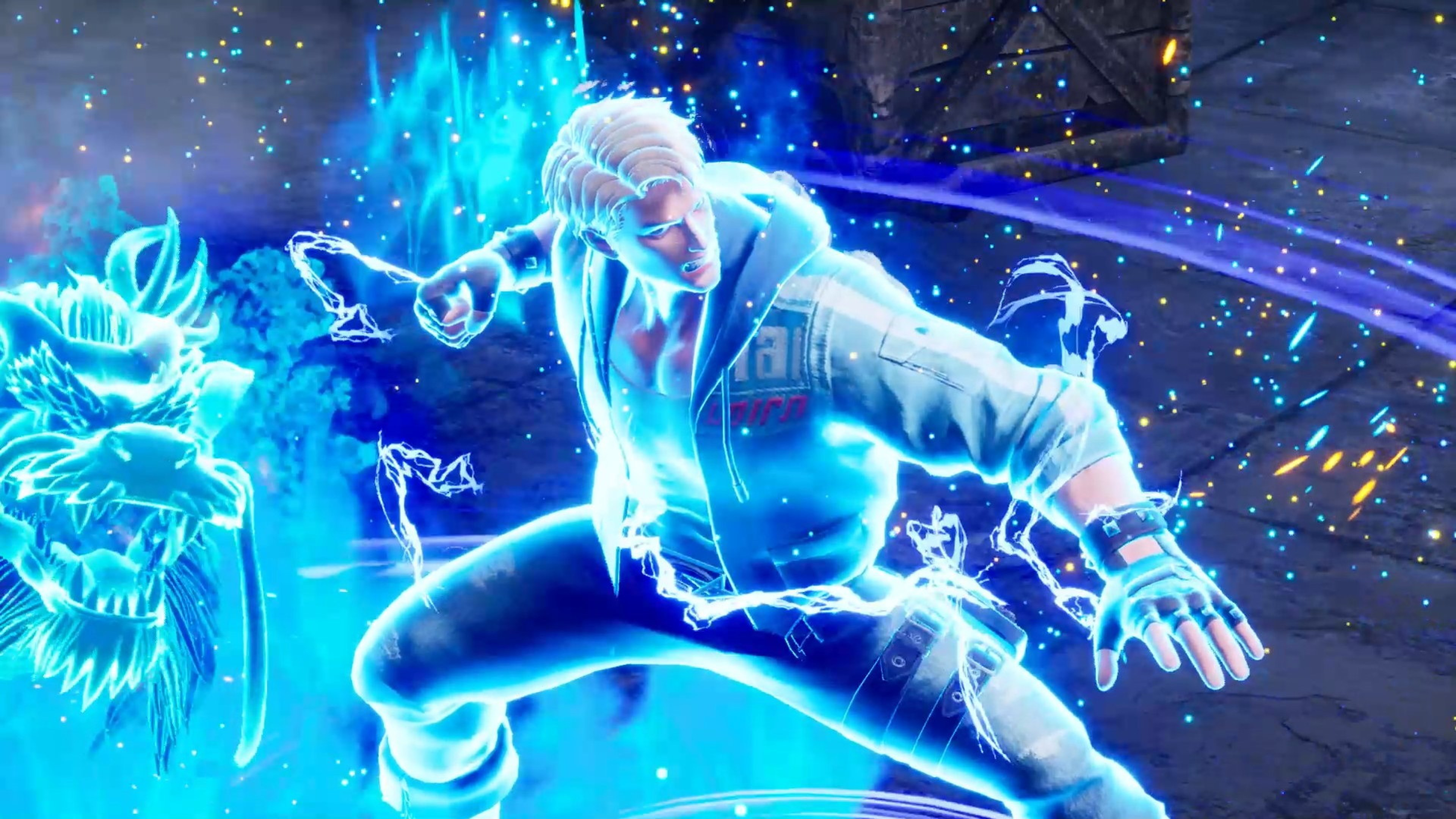 Ein Mann in einer blauen Jacke ist von blauer Energie umgeben, die eine drachenartige Form bildet. Der Hintergrund hat funkelnde Lichter.
