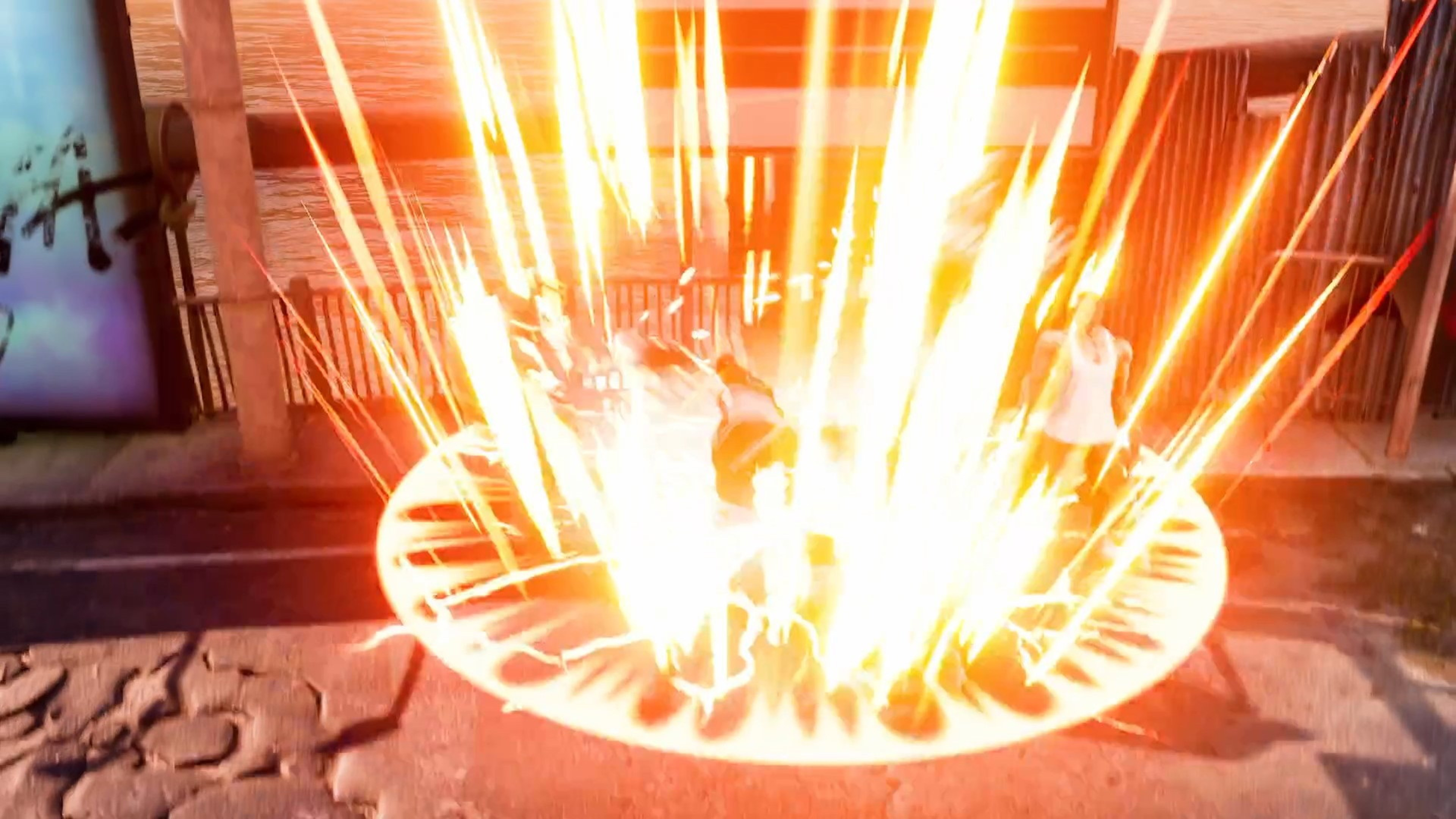 Eine Explosion mit hellem Licht. Figuren von Menschen sind inmitten des Lichts silhouettiert.