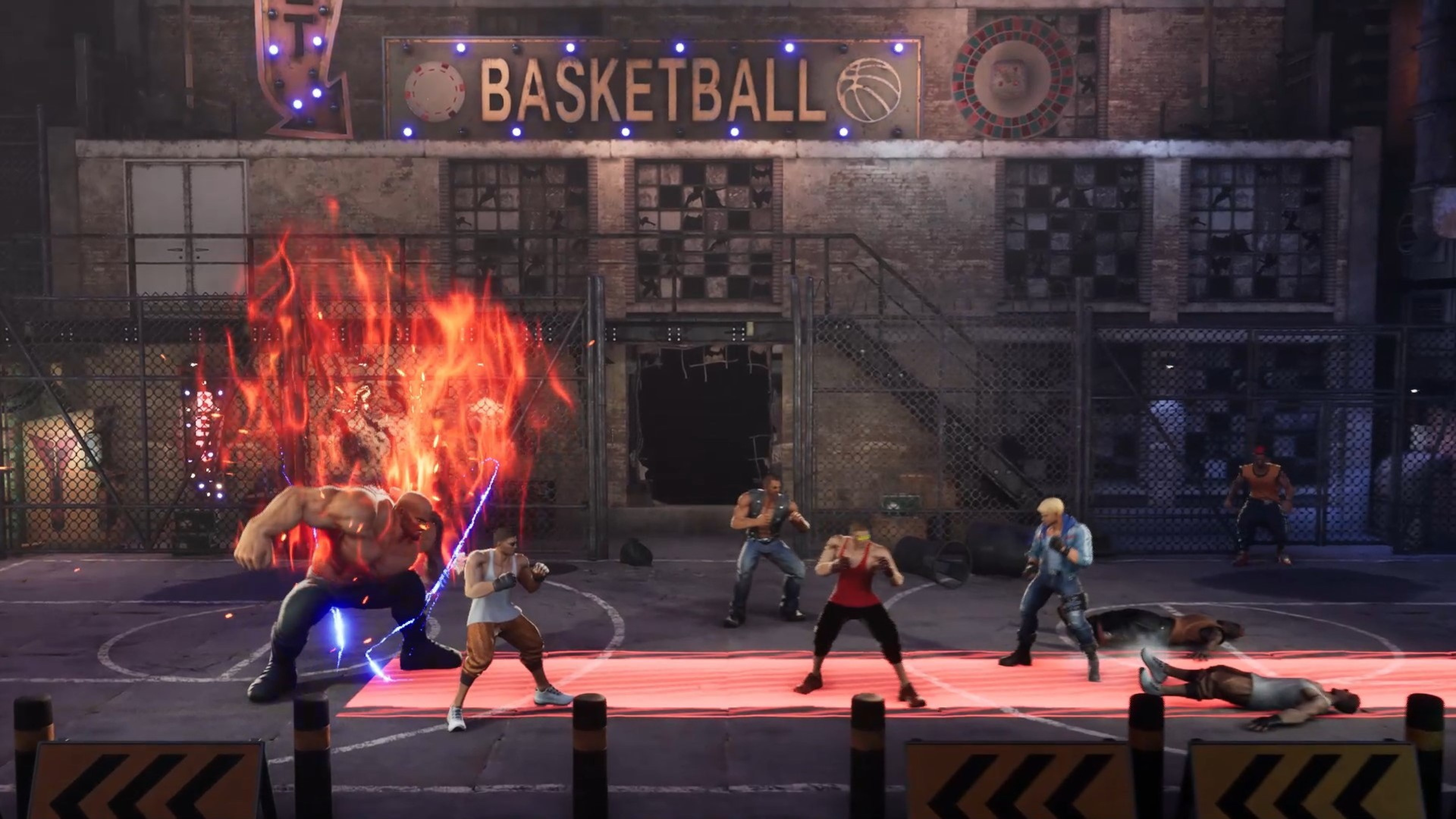 Eine Gruppe von Kämpfern auf einem Basketballplatz. Feuer- und elektrische Effekte sind sichtbar. Basketball-Schild im Hintergrund.