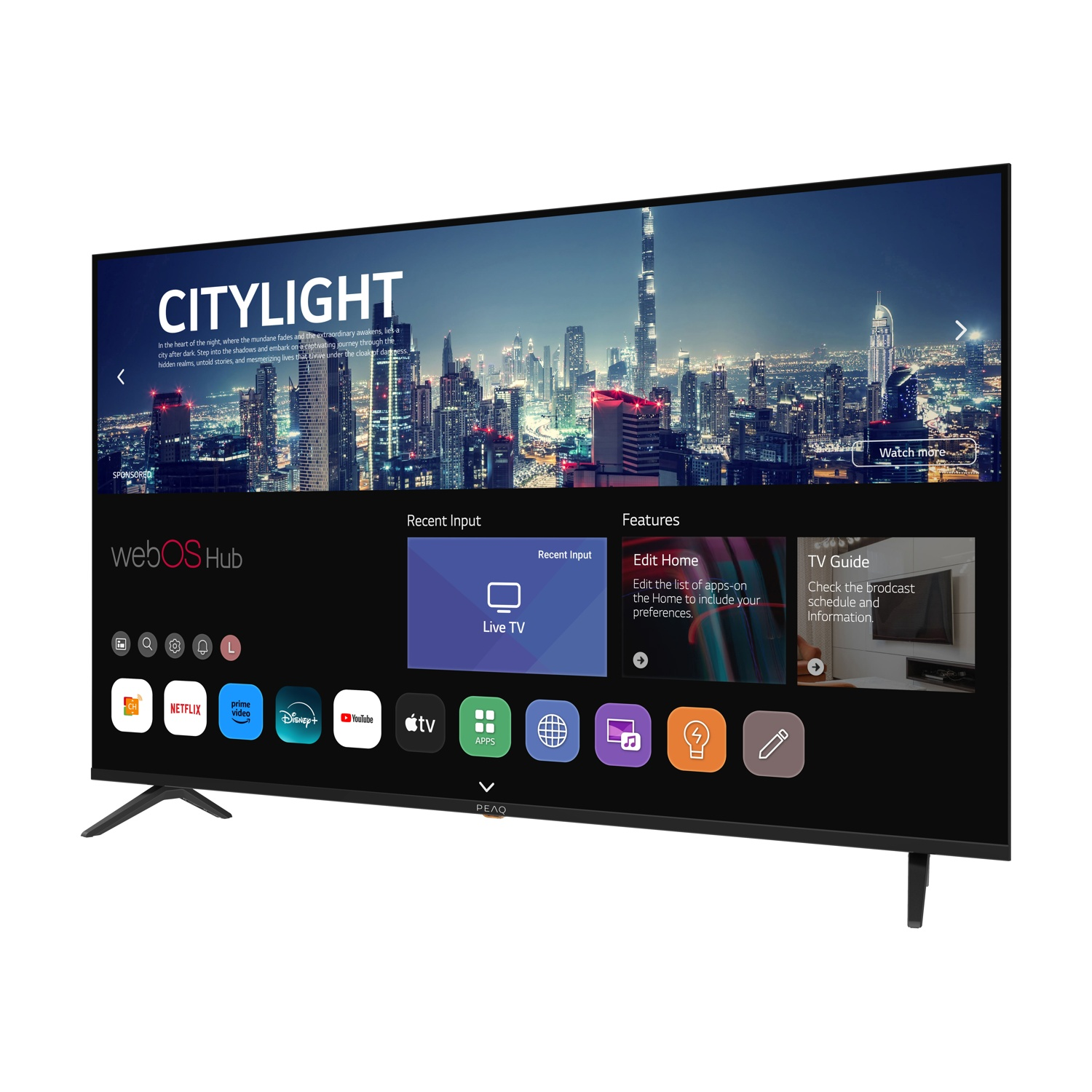 Grande TV nera con scena notturna cittadina e menu app in basso.