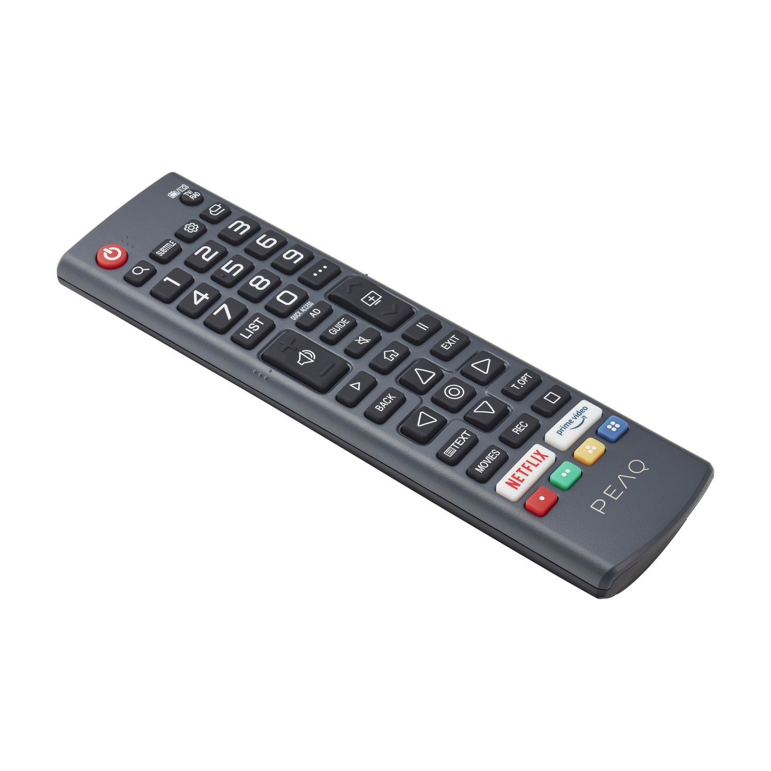 Telecomando grigio con molti pulsanti, inclusi Netflix e Prime Video, sfondo bianco.