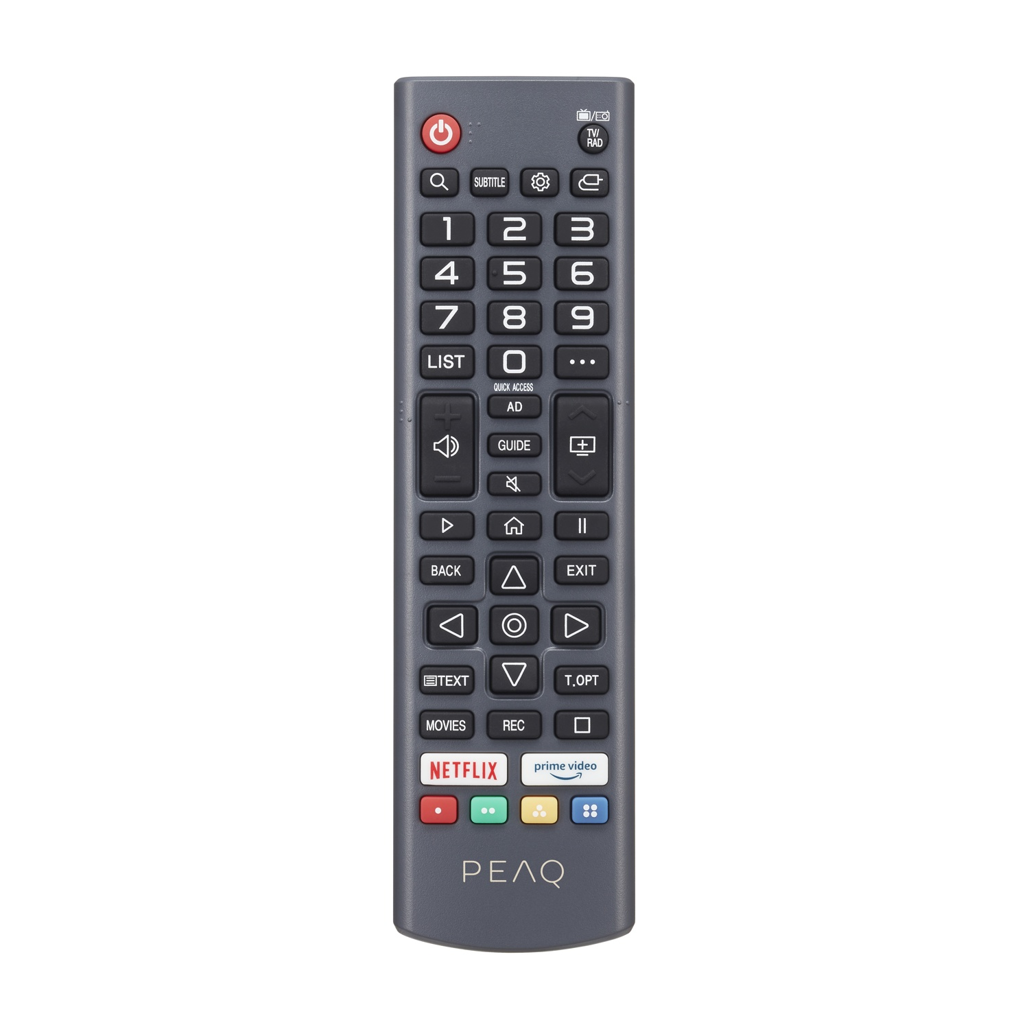 Un telecomando grigio con molti pulsanti, tra cui Netflix e Prime Video.
