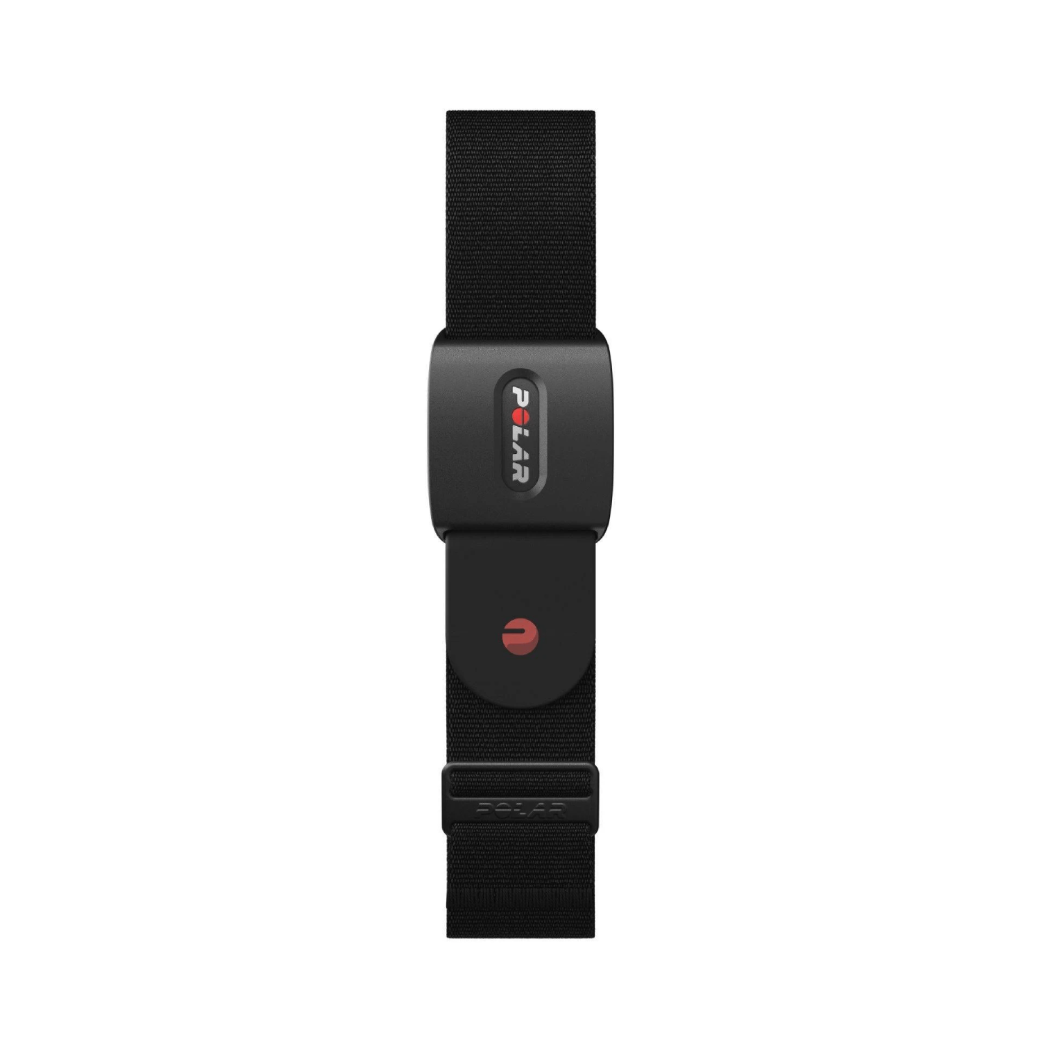 Correa negra para monitor de frecuencia cardíaca Polar con sensor negro, logo rojo y hebilla.