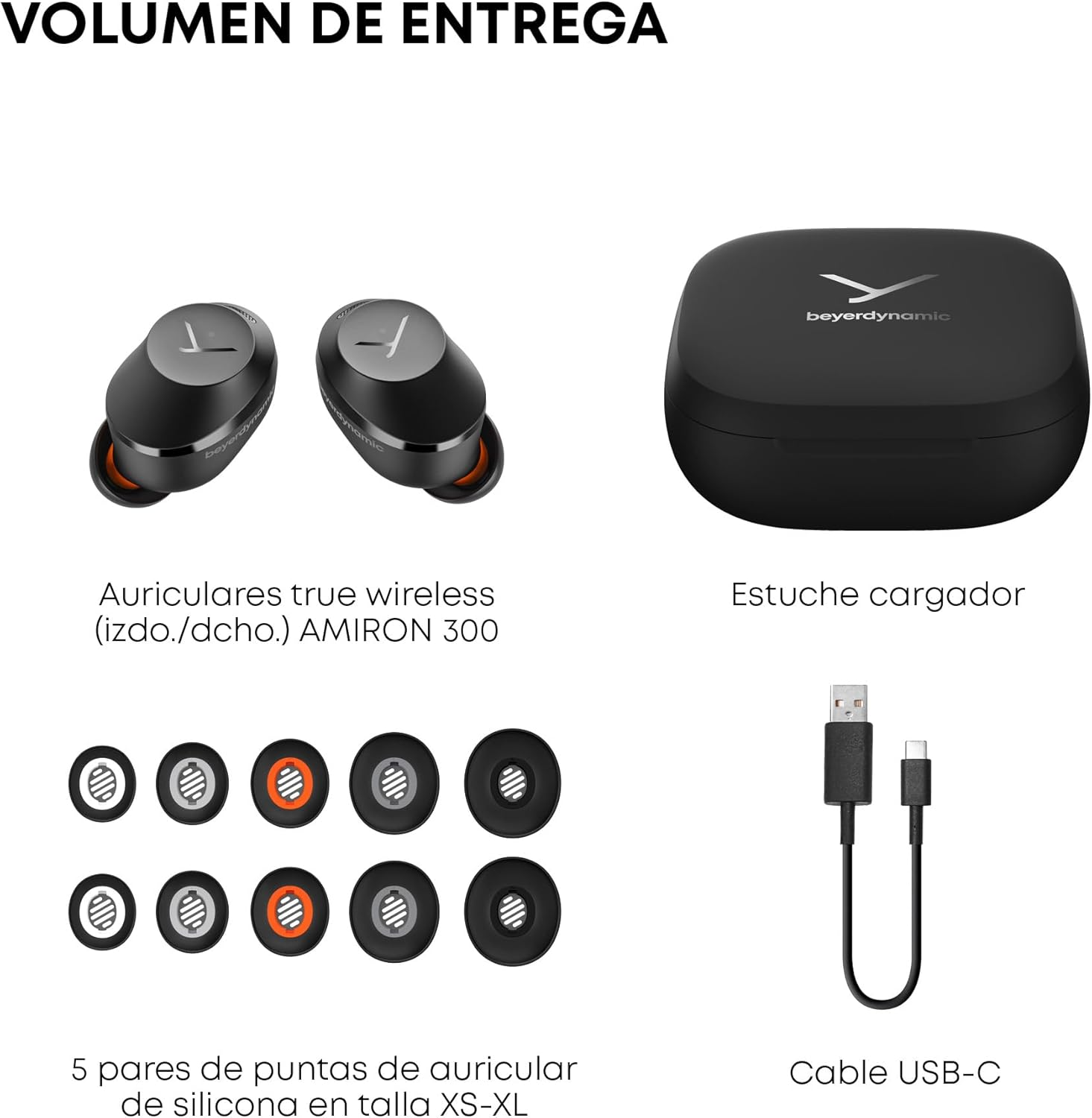 Auriculares, estuche de carga y accesorios, incluyendo almohadillas y cable USB-C.