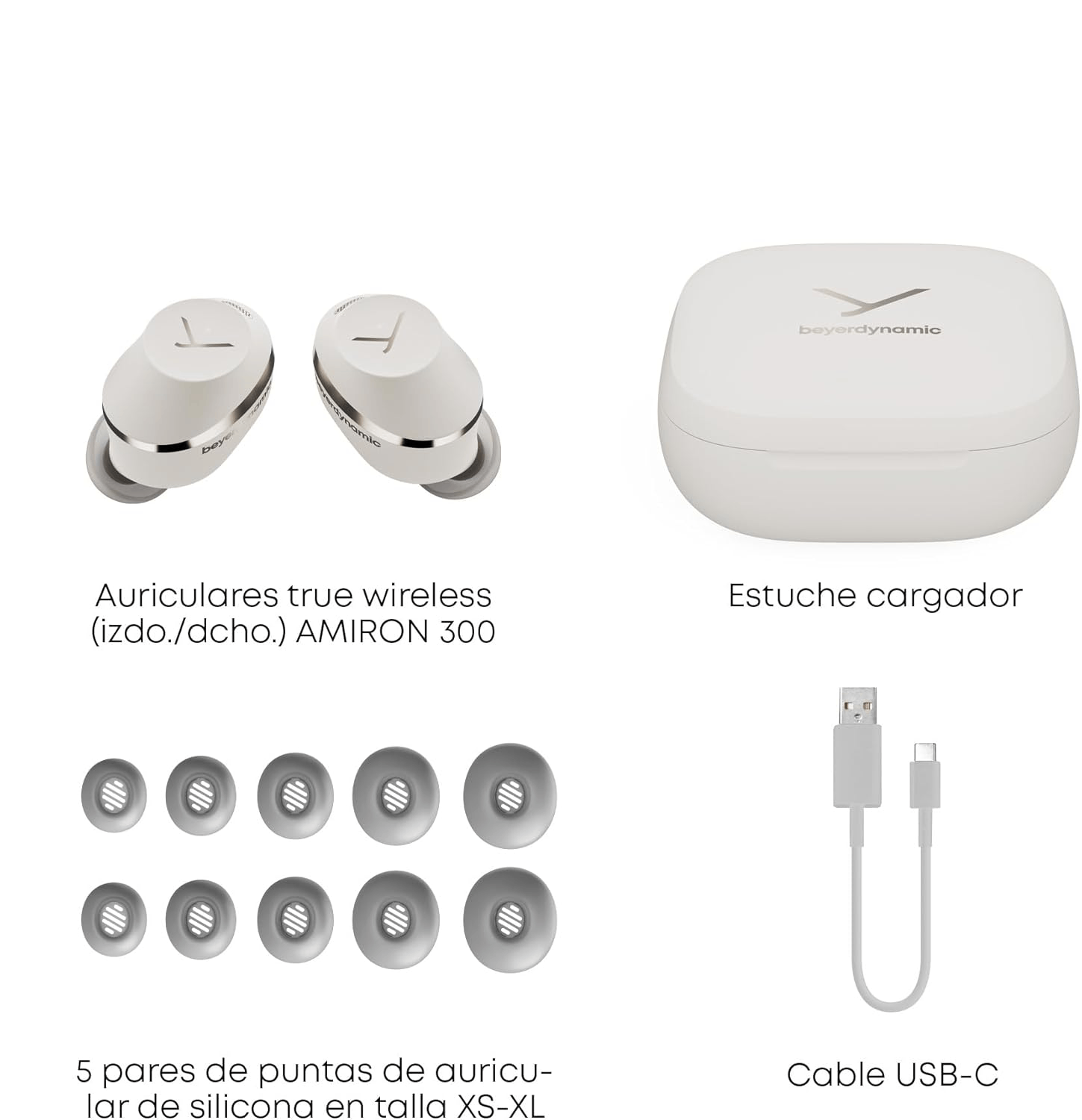 Auriculares, estuche de carga y accesorios colocados.