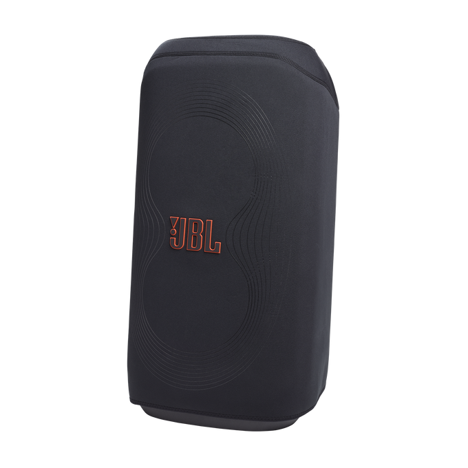 Altavoz JBL negro. Forma redondeada, logotipo JBL naranja. Fondo gris.